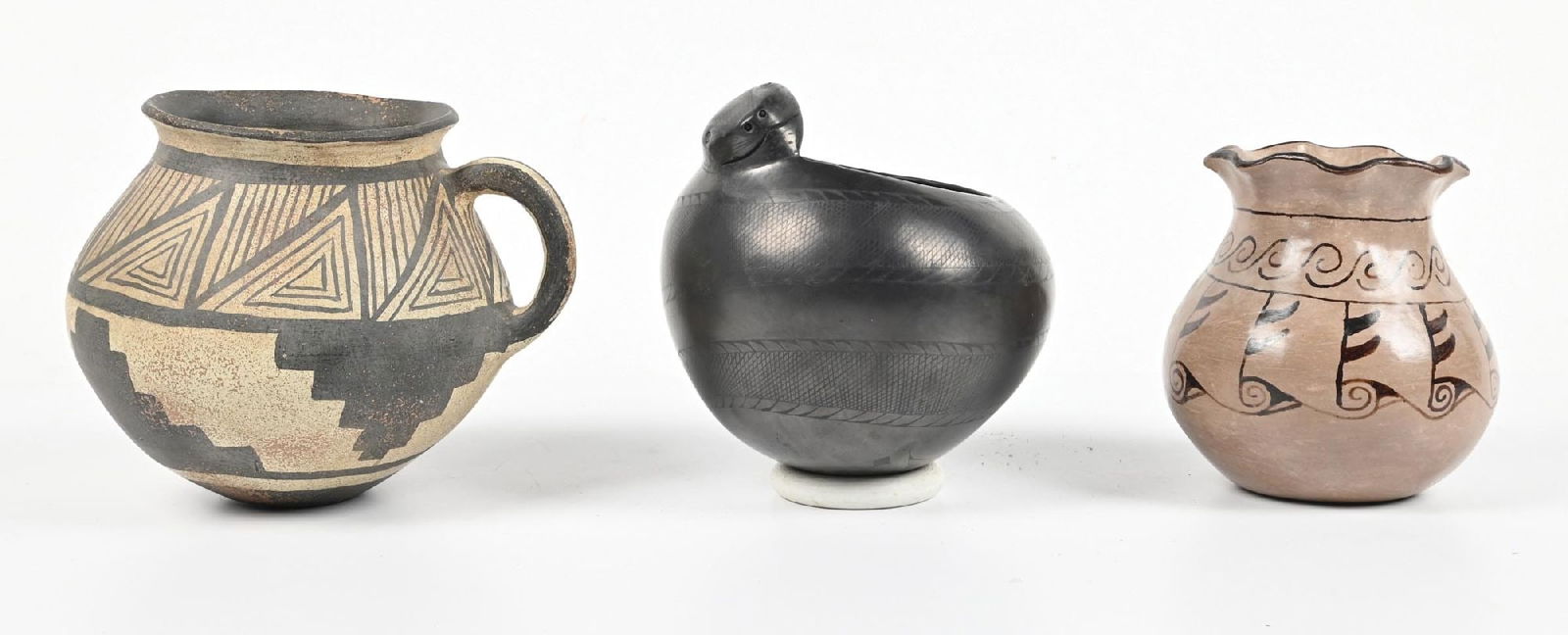 LOT OF 3: SOUTHWEST POTTERY ITEMS: (A) One Middle Eastern. (B) Maricopa, signed "G.S.". (C) Casas Grandes (Mata Ortiz) signed "Nicholas Ortiz". Dimensions: Largest: 2 - 1/4" Dia. x 6".