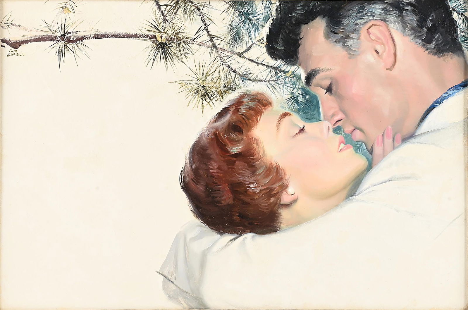 TOM LOVELL (1909-1997): Kiss (Rock Hudson and Jane Wyman, from the film Magnificent Obsession 1954) Oil on board 15 3/4 x 23 3/4 in. Signed upper left "Tom Lovell" Framed to 20 3/4 x 28 3/4 in. Notes by Lovell on reverse.