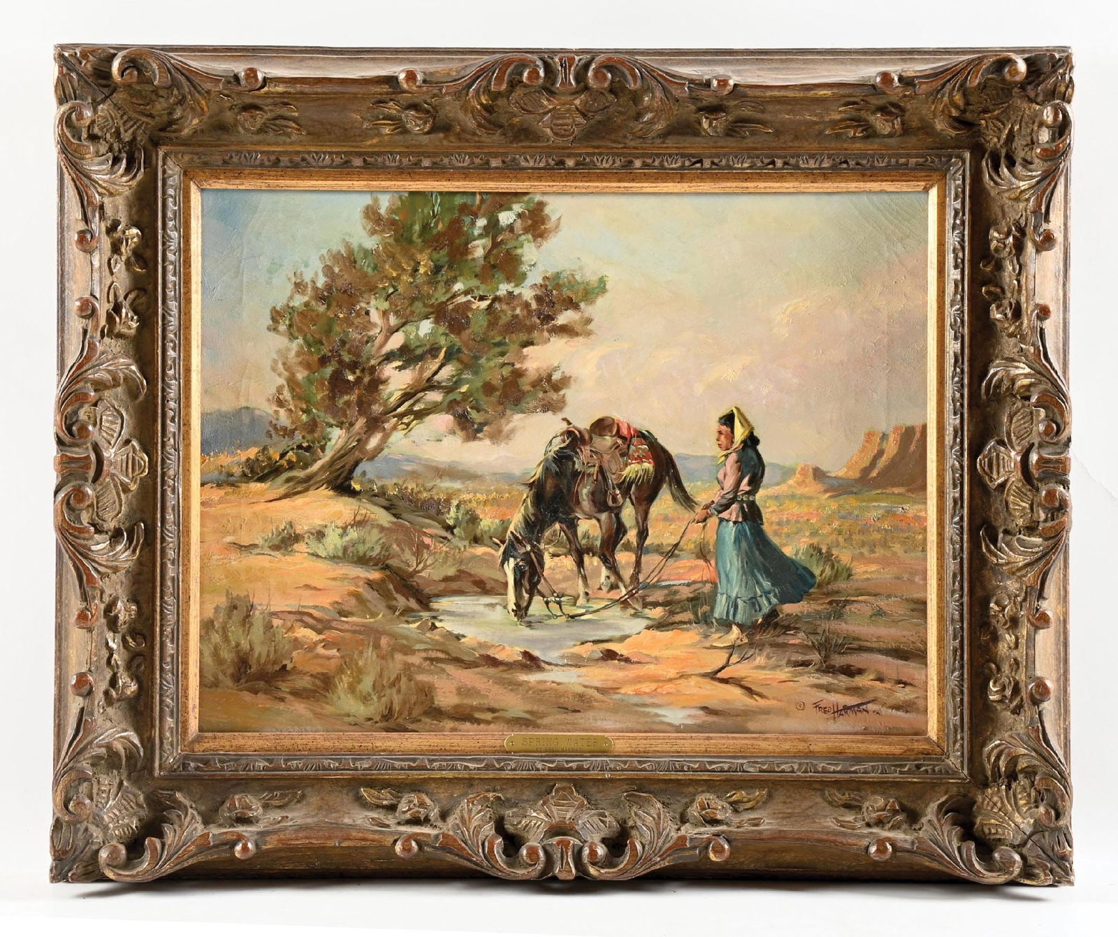 FRED HARMAN (1902-1982): Spring Water Oil on canvas 18" x 24" Signed lower right Fred Harman © Framed to 26 1/2" x 32 1/2" Provenance: Estate of N. Harman. Included is a signed and numbered (lettered) copy of The Great