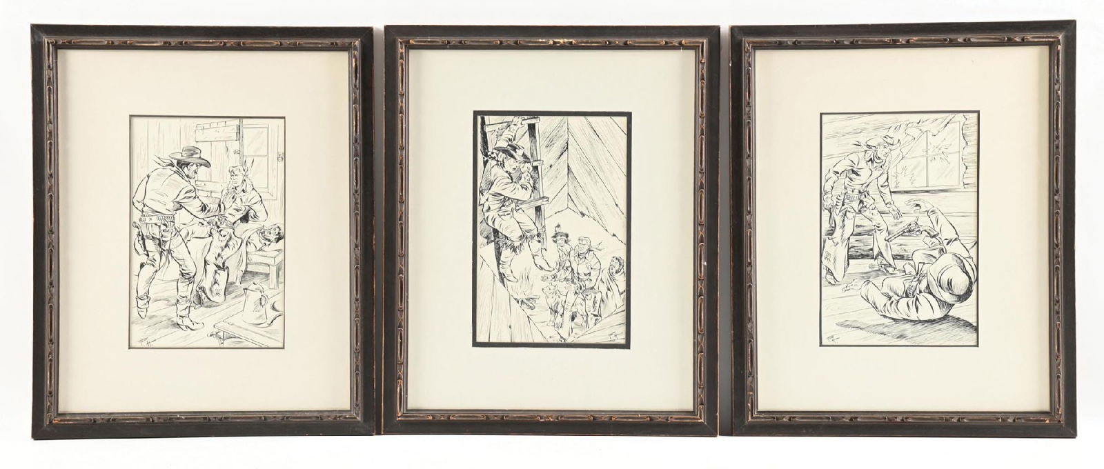 FRED HARMAN (1902-1982): Lot of 3 daily singles for "Riddle of Roaring Range Each are pen and ink Each 11" x 7" Each signed FH lower left or right Each framed to 19 3/4" x 16" Provenance: Estate of N. Harman. Dimensions: 19