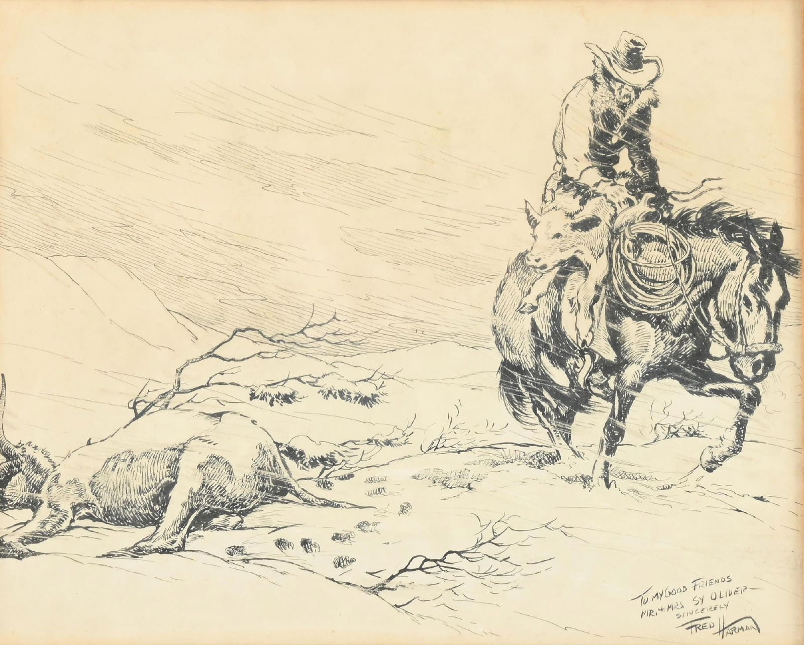 FRED HARMAN (1902-1982): A Lot of 2 originals a) Untitled (Harsh Winter) Pen and ink 10" x 13" Signed lower right Fred Harman and inscribed "To my good friends Mr & Mrs. Sy Oliver Sincerely Fred Harman Framed to 18" x 20