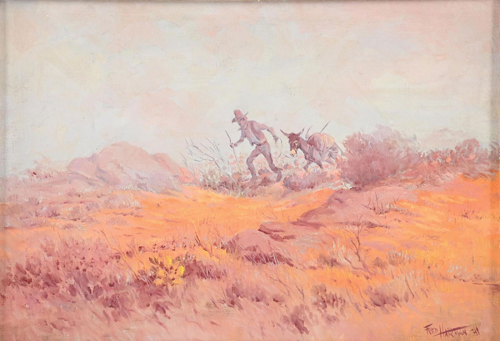 FRED HARMAN (1902-1982): Prospector Oil on canvas 16 1/4" x 23" Signed lower right Fred Harman Framed to 22 1/2" x 29 1/2" Provenance: Estate of N. Harman. Included is a signed and numbered (lettered) copy of The Great West