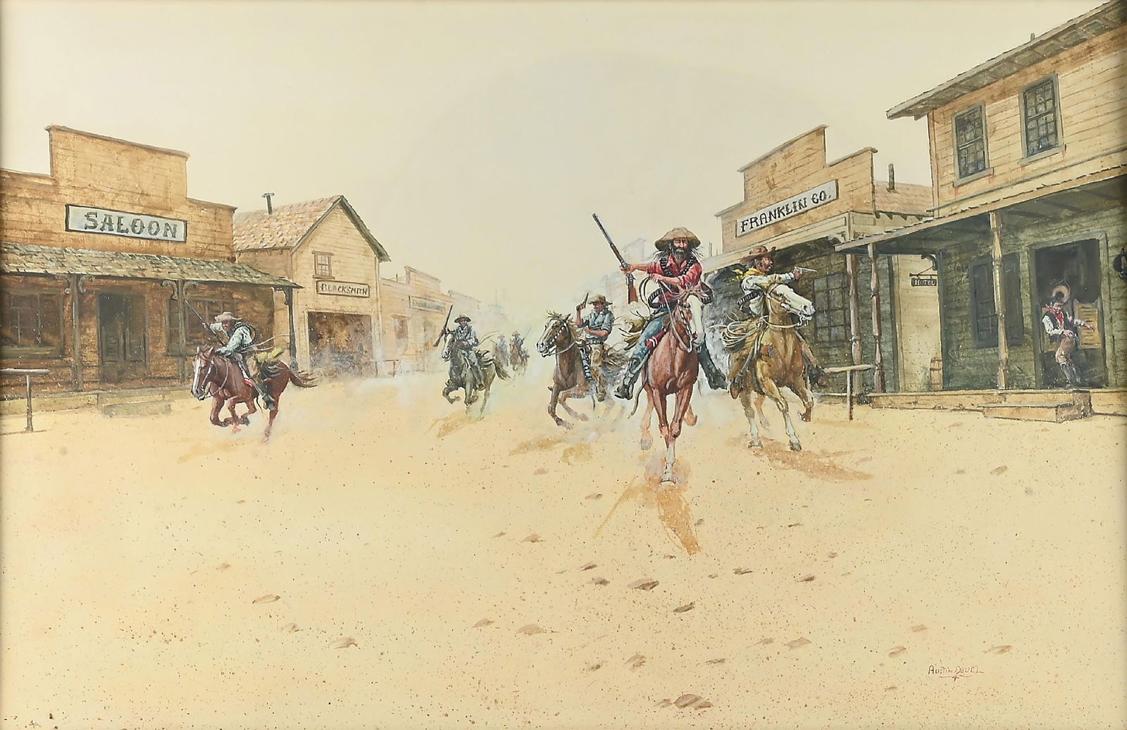 AUSTIN DEUEL (1939-2021): Untitled (Cowboys Shooting Up the Town) Watercolor on paper 25 1/2 x 39 1/4 in. Signed lower right "Austin Deuel" Framed to 32 1/2 x 47 in. Includes the original preliminary sketch: Graphite on