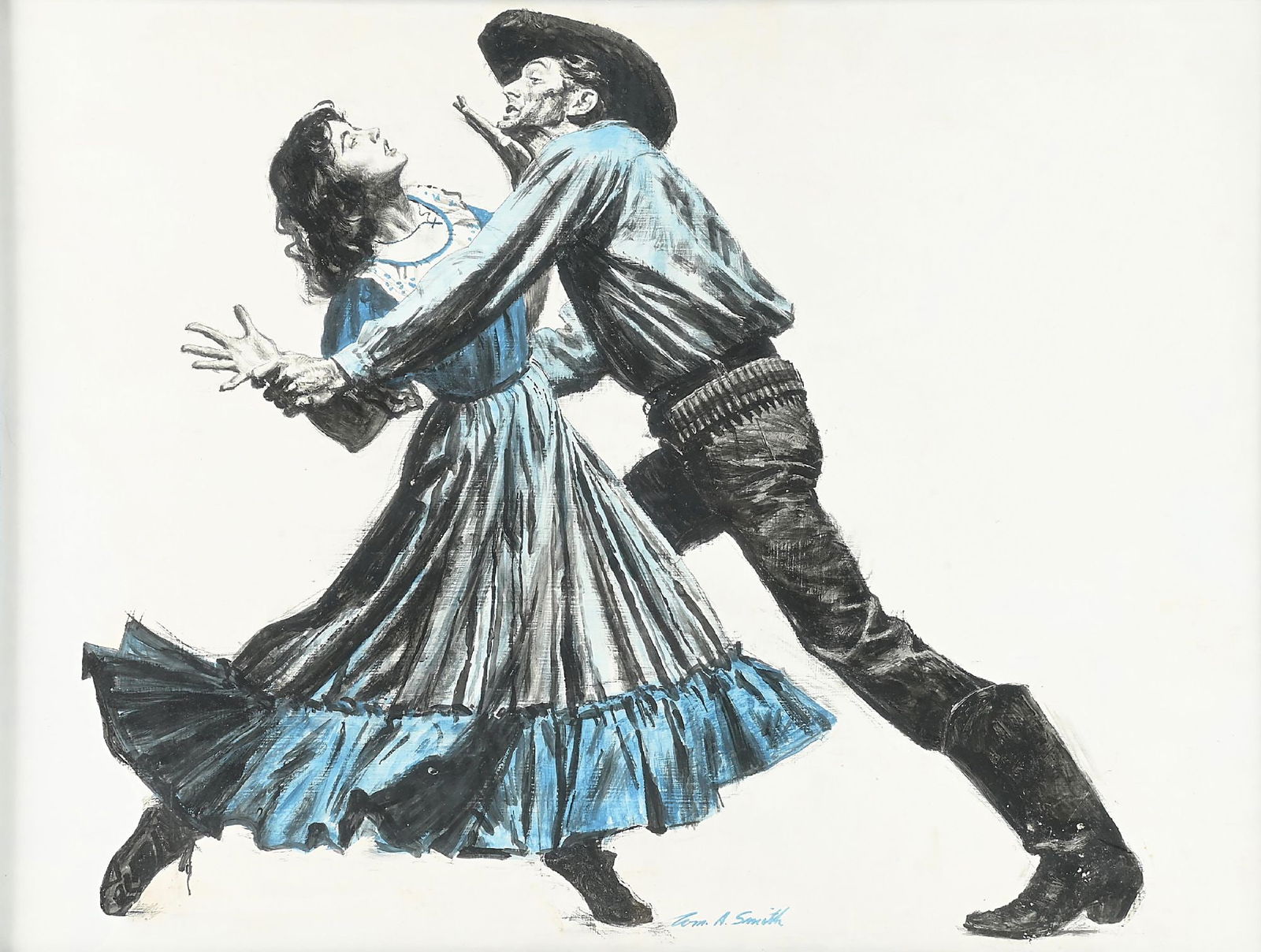 TOM A. SMITH (1918-1989): The Burning Hills (Illustration for the Saturday Evening Post) Charcoal on board 24 x 31 in. Signed lower middle "Tom A. Smith" Framed to 27 3/4 x 34 3/4 in. Dimensions: Frame: 27 3/4" x 34 3/4".