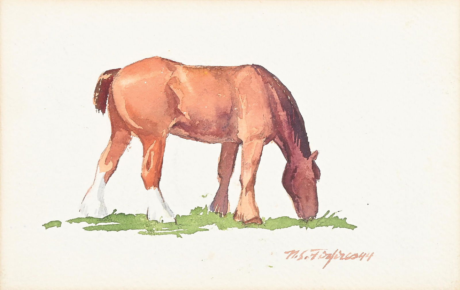 NICHOLAS FIRFIRES (AMERICAN, 1917-1990): Grazing Workhorse watercolor signed lower-right "NS Firfires 44" sight: 5-1/2" x 8-1/2" framed: 11-1/2" x 14" Provenance: From the Nicholas Firfires Estate, with a letter of provenance from the