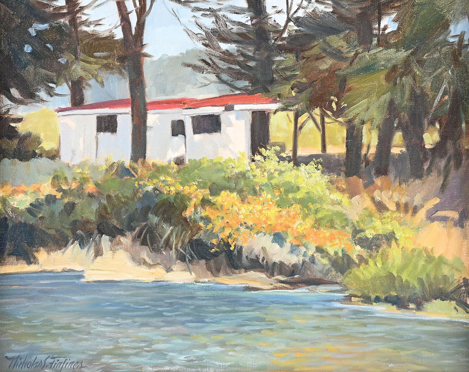 NICHOLAS FIRFIRES (AMERICAN, 1917-1990): Cabin by a Stream oil on board signed lower-left "Nicholas S. Firfires" sight: 16" x 20" framed: 21-1/2" x 25" Provenance: From the Nicholas Firfires Estate, with a letter of provenance from the