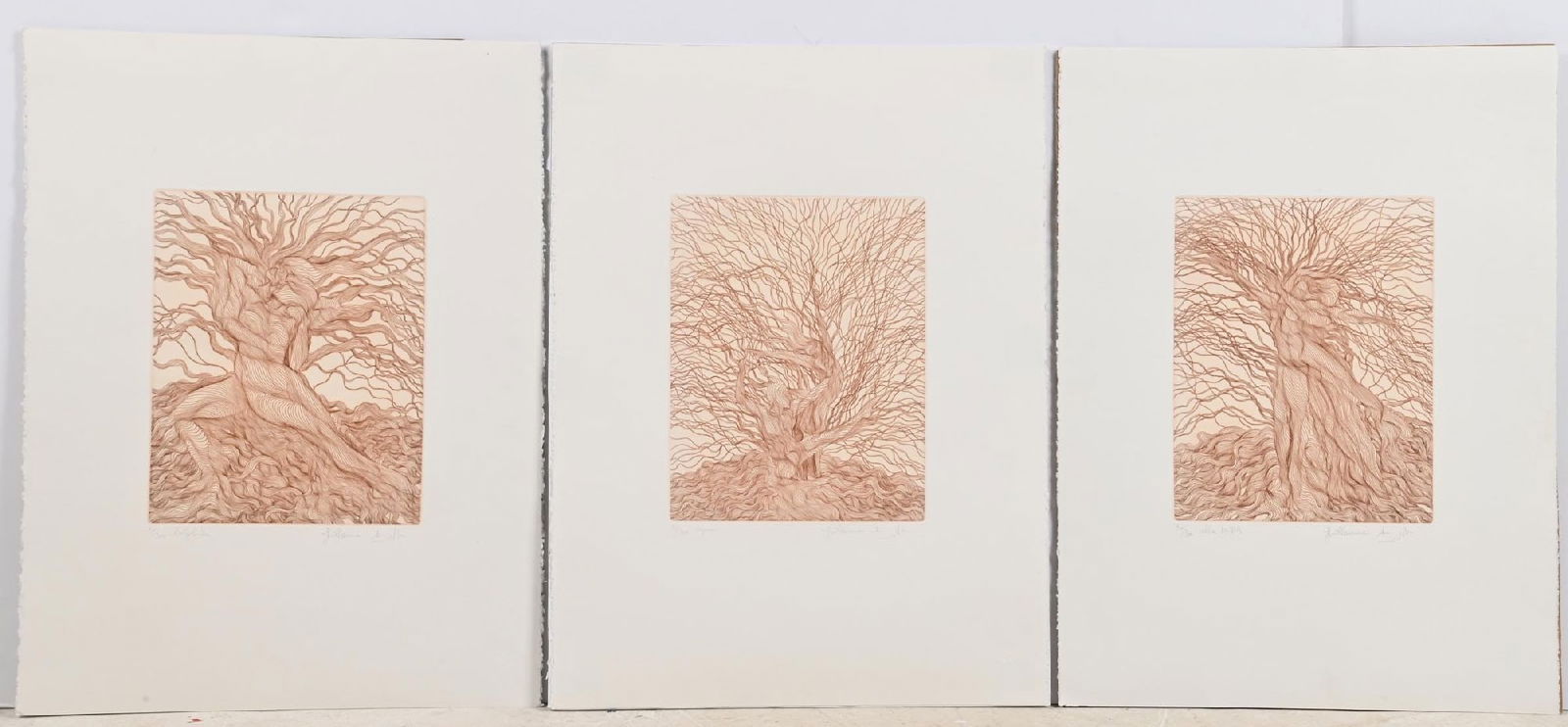 GUILLAUME AZOULAY (MOROCCAN, B. 1949): Collection of three lithographs depicting people intertwined with tree roots and limbs. Dimensions: Each: 22" x 30".