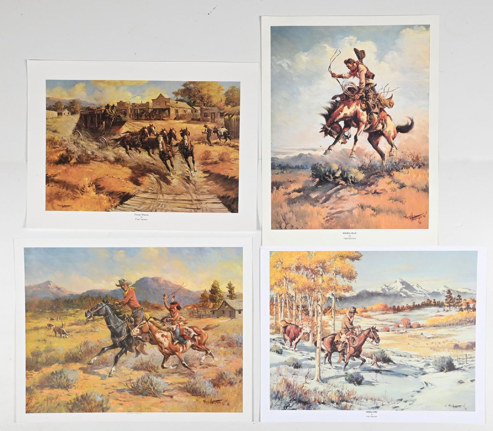 LOT OF 4: FRED HARMAN PRINTS: Each done in color: Red Ryder & Little Beaver , Born Late , Dusty Wheels , and Riding High . Provenance: Estate of N. Harman. Dimensions: Largest: 26" x 20".