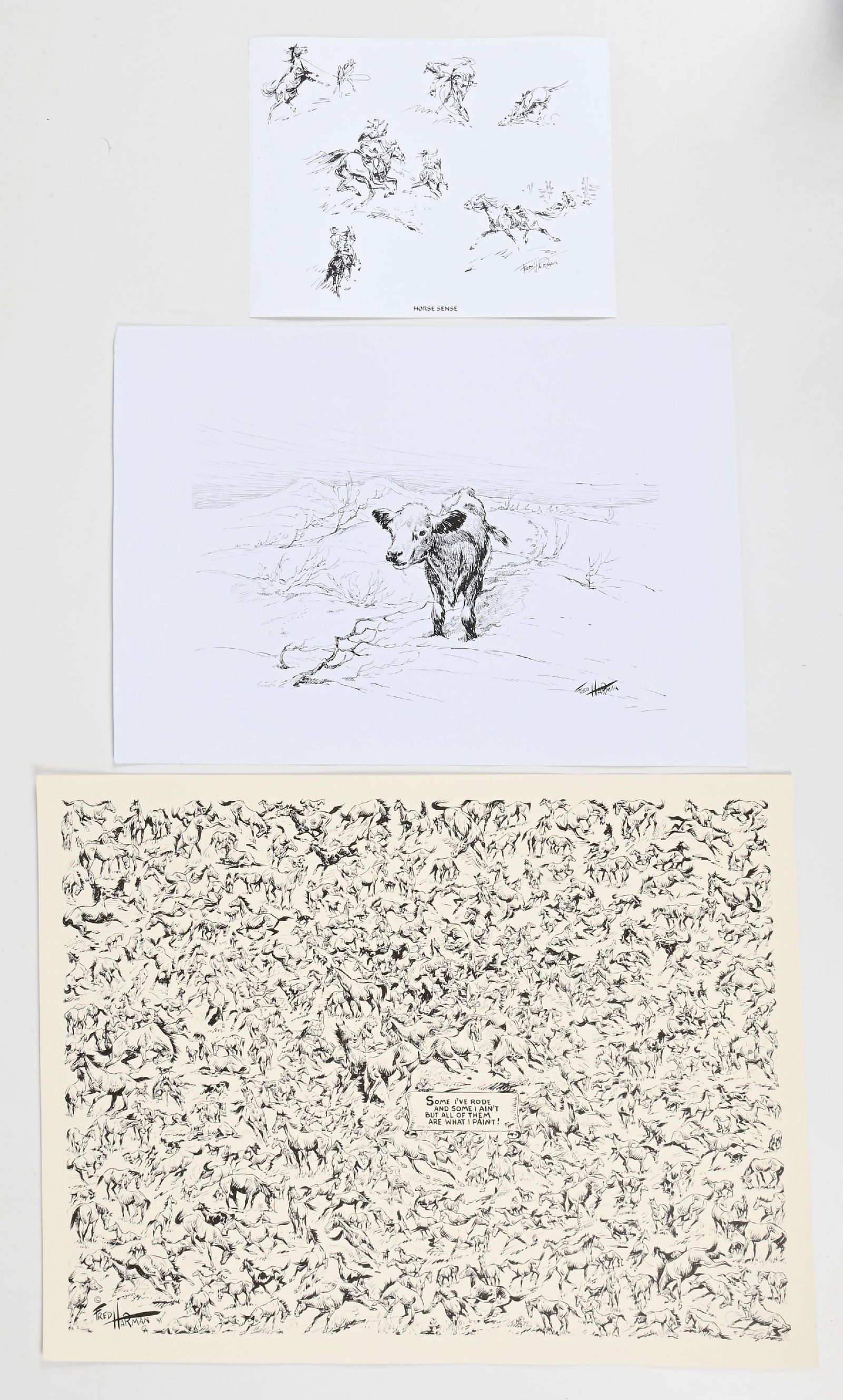LOT OF 3: FRED HARMAN PRINTS: Includes Horse Sense , The Leppy , and Horses . Provenance: Estate of N. Harman. Dimensions: Largest: 24" x 18".