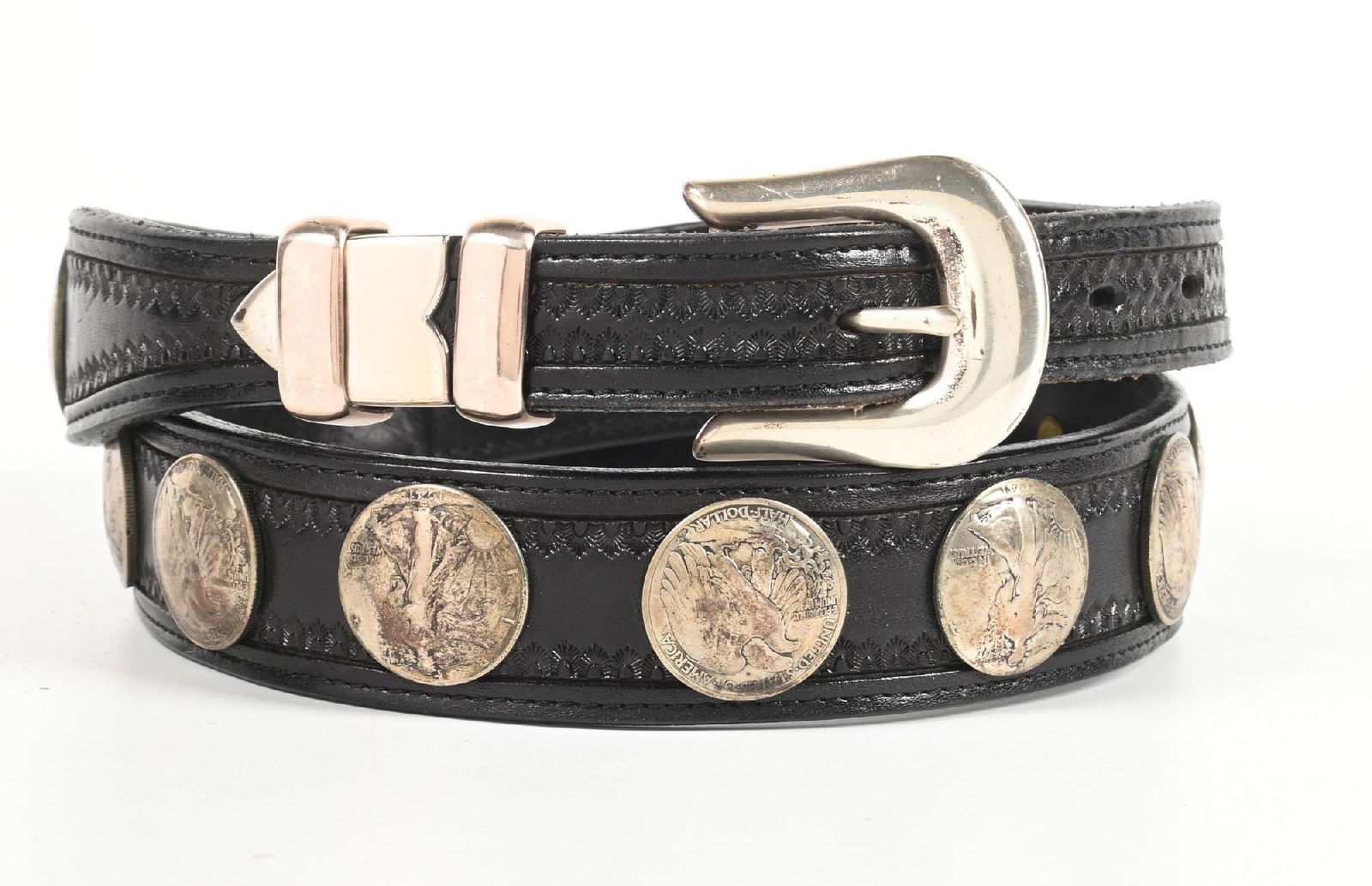 LEATHER BELT WITH WALKING LIBERTY HALF DOLLARS: Custom black contemporary leather belt with 17 silver liberty half dollars. Dimensions: Belt w/ buckle: 46 1/2" L. x 1 1/2" W.