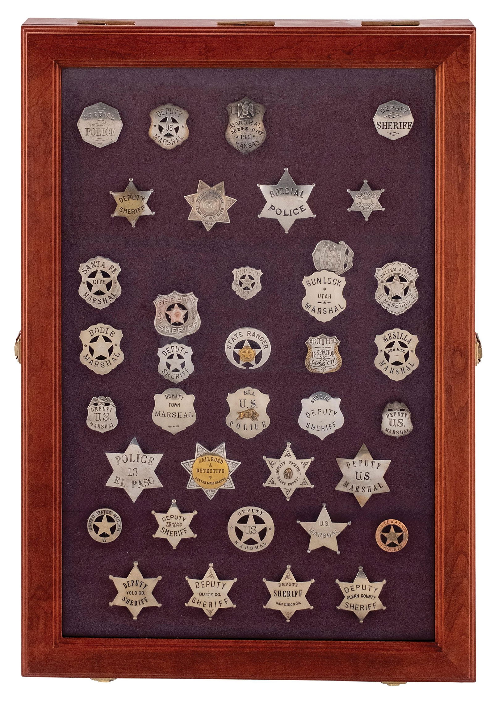 WOODEN SHADOW BOX WITH 37 BADGES (1 of 1)