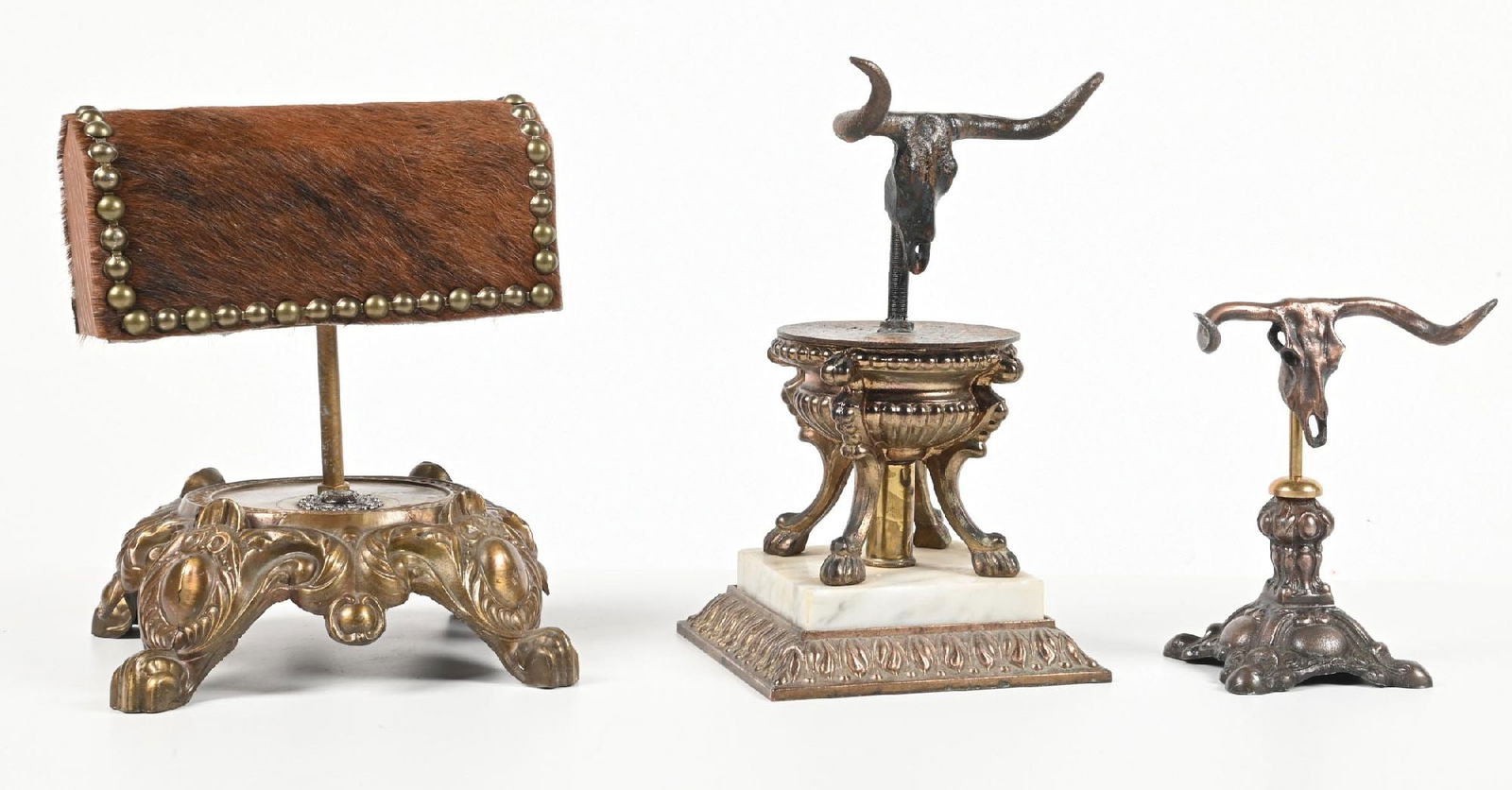 LOT OF 3: WESTERN STYLE DISPLAY STANDS: Lot of 3 stands that can be used for bit and spur display. Dimensions: Largest: 8" x 8" x 10".