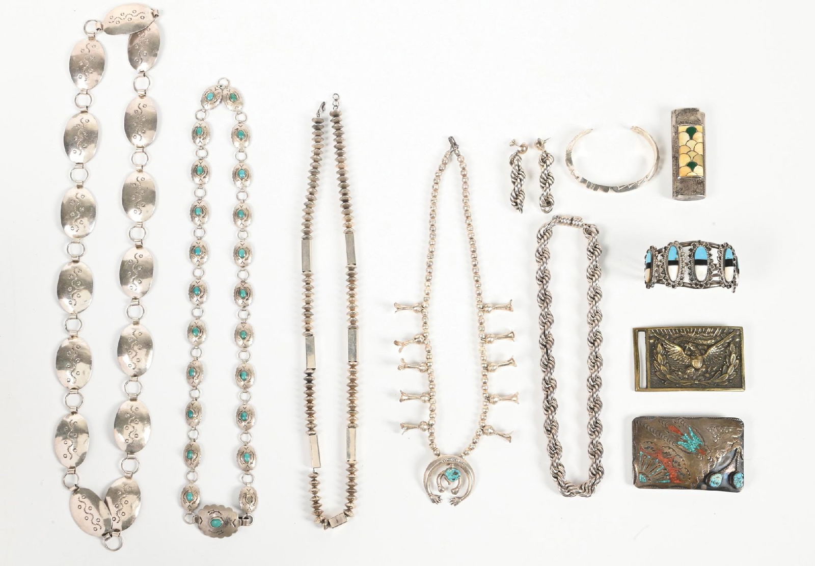 LOT OF 8: SILVER & TURQUOISE NATIVE AMERICAN JEWELRY & BRASS BUCKLE (1 of 1)