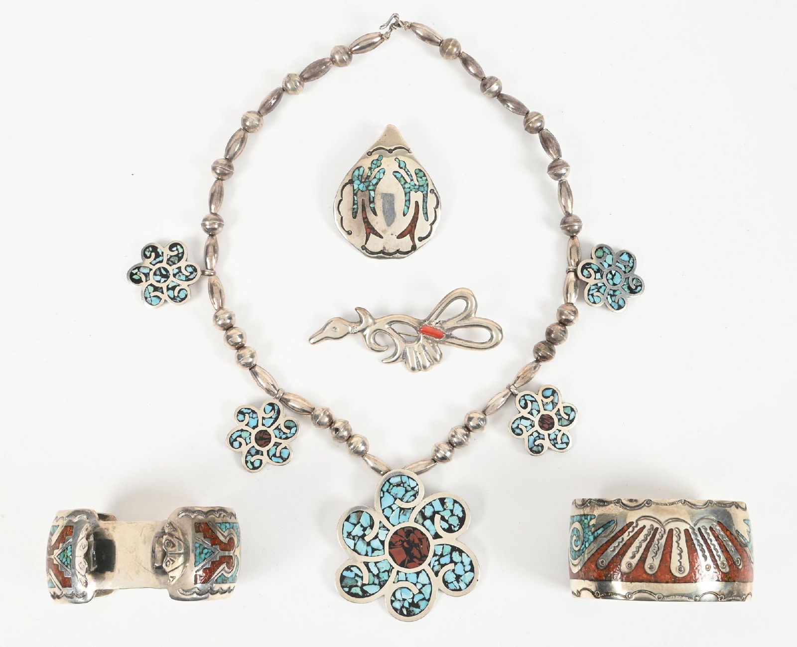 LOT OF 5: SILVER, TURQUOISE & CORAL CHIP INLAY JEWELRY (1 of 2)