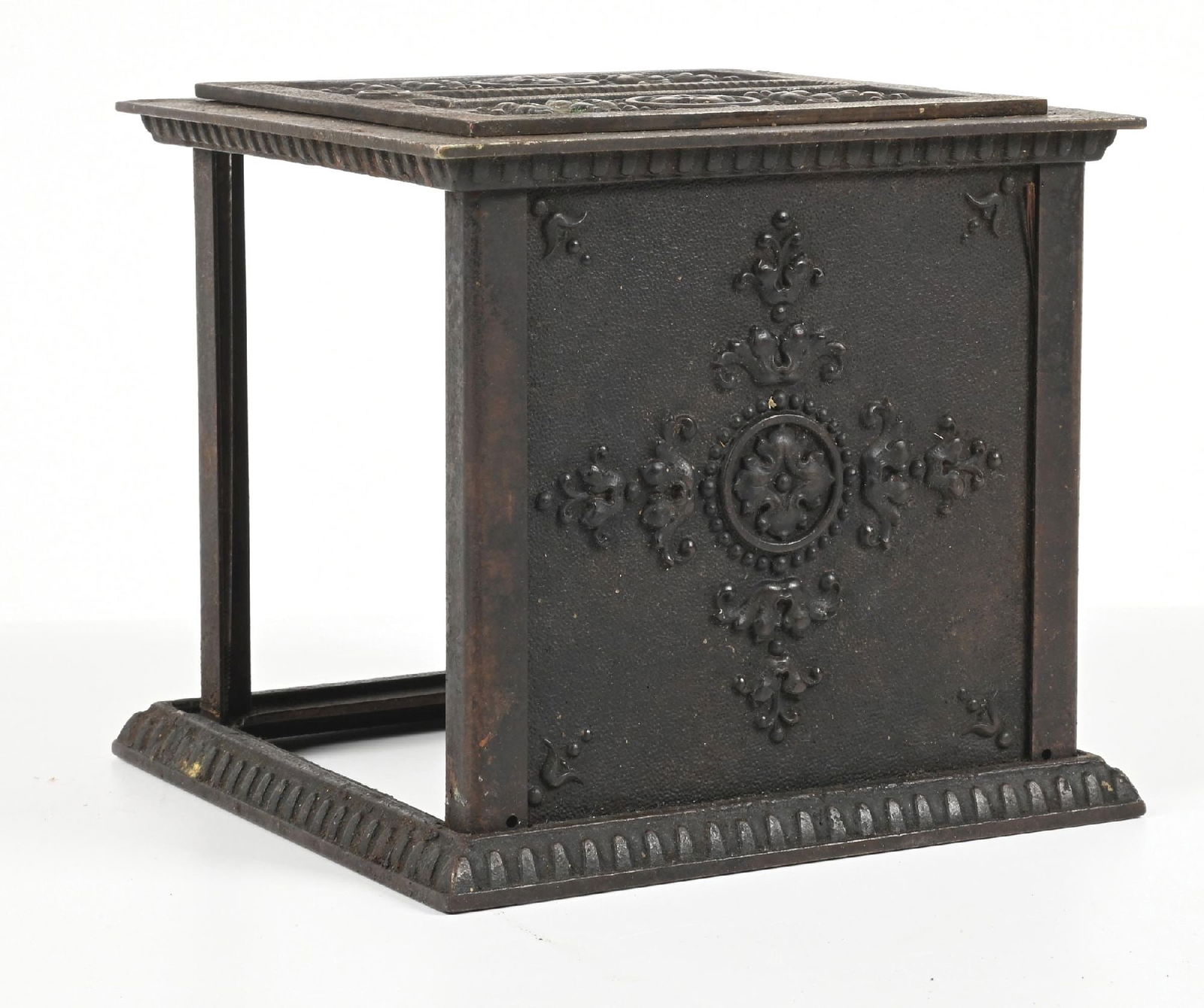 NATIONAL BANK CAST IRON RECEIPT BOX: Ornate design with hinged lid. Missing 3 glass sides. Dimensions: 6 - 3/4" x 6 - 3/4" x 6".