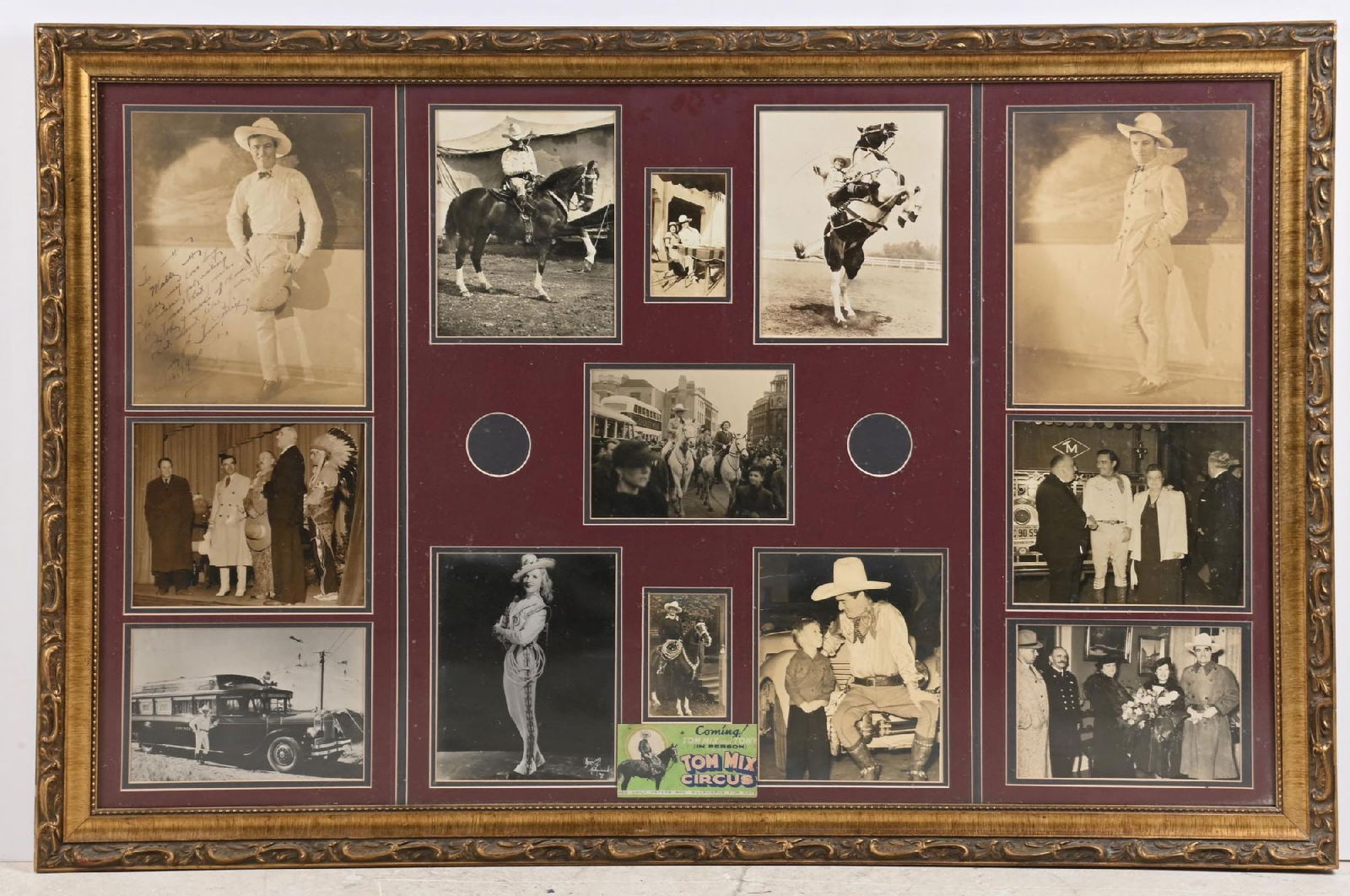 FRAMED COLLAGE OF ORIGINAL PHOTOS OF TOM MIX: Framed lot of 13 original vintage photos of Tom Mix and family. Most are silver gelatin, with a mix of sepia toned and black and white. One is hand signed by Mix along with a personalized note. This i