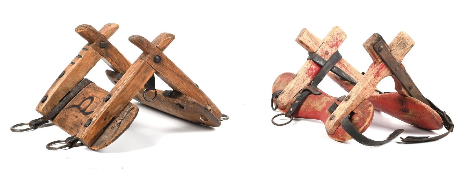 LOT OF 2: RED & BRANDED WOODEN PACK SADDLES: (A) 14" x 19" x 10". (B) 14" x 19" x 10".