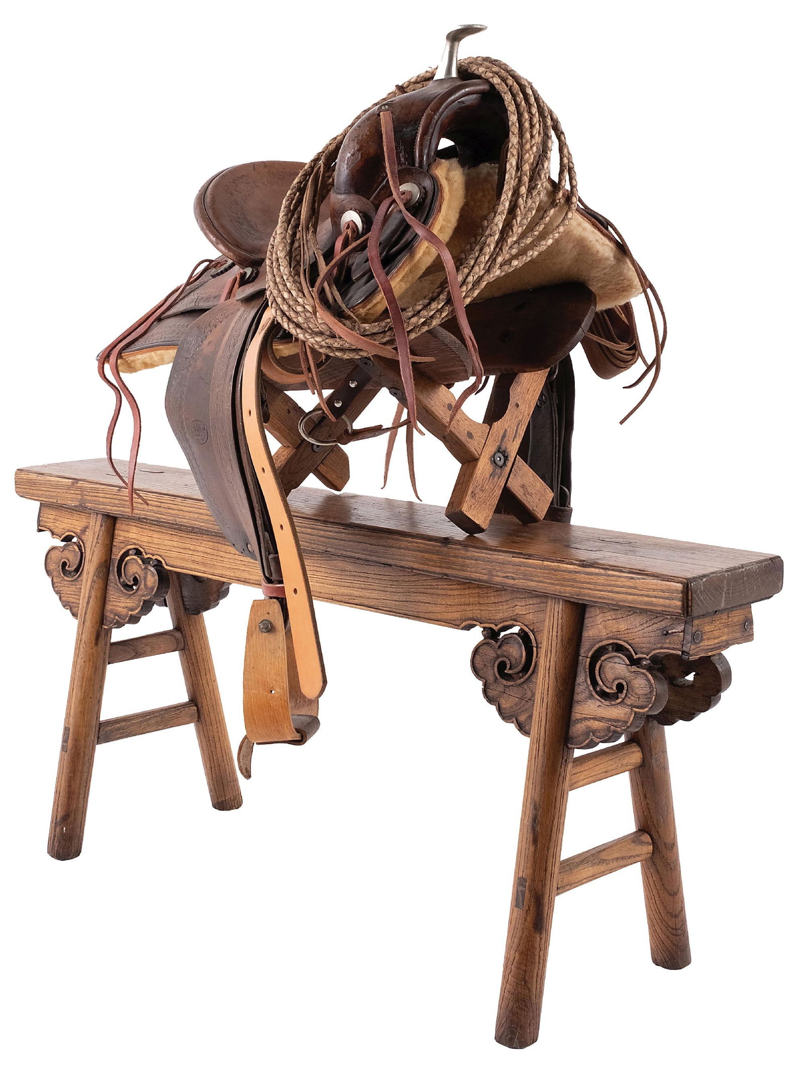 GROUP OF SADDLE, REATA AND TWO WOODEN SADDLE STANDS (1 of 1)