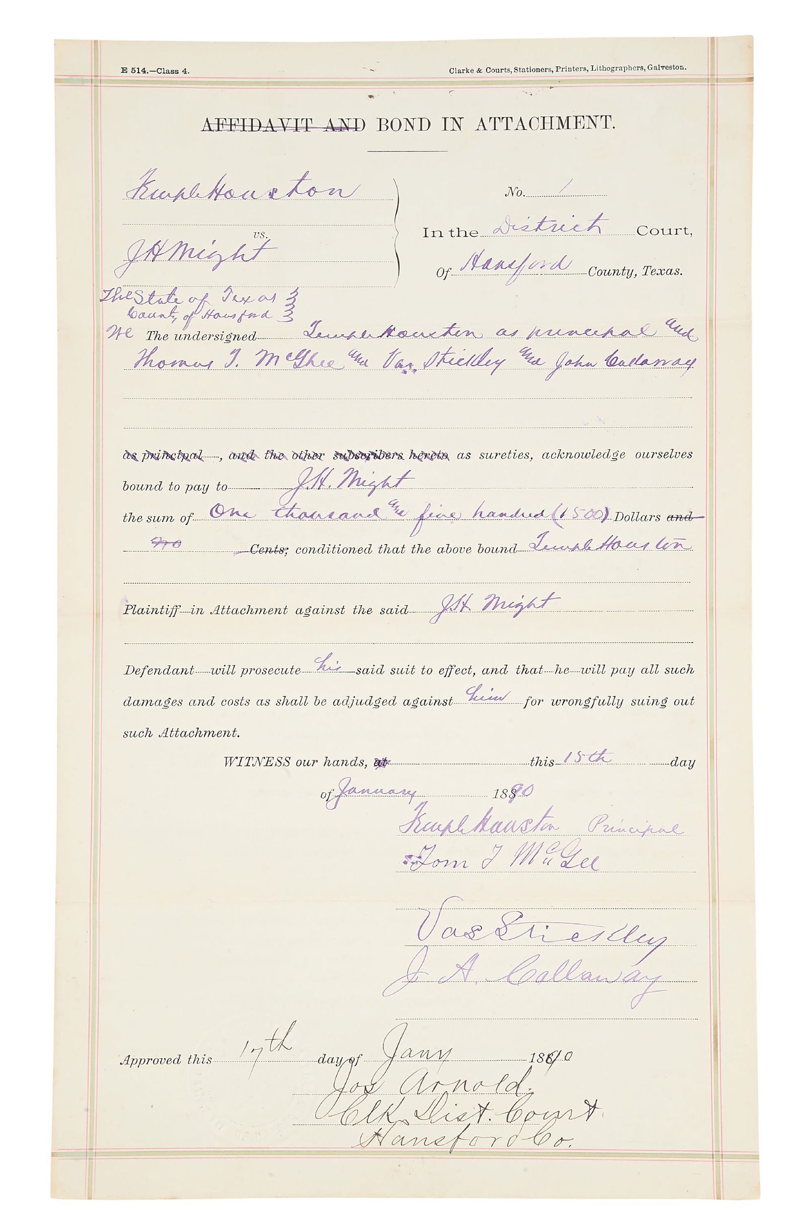 TEMPLE HOUSTON (SAM HOUSTON'S SON) SIGNED $1500 BOND (1 of 4)