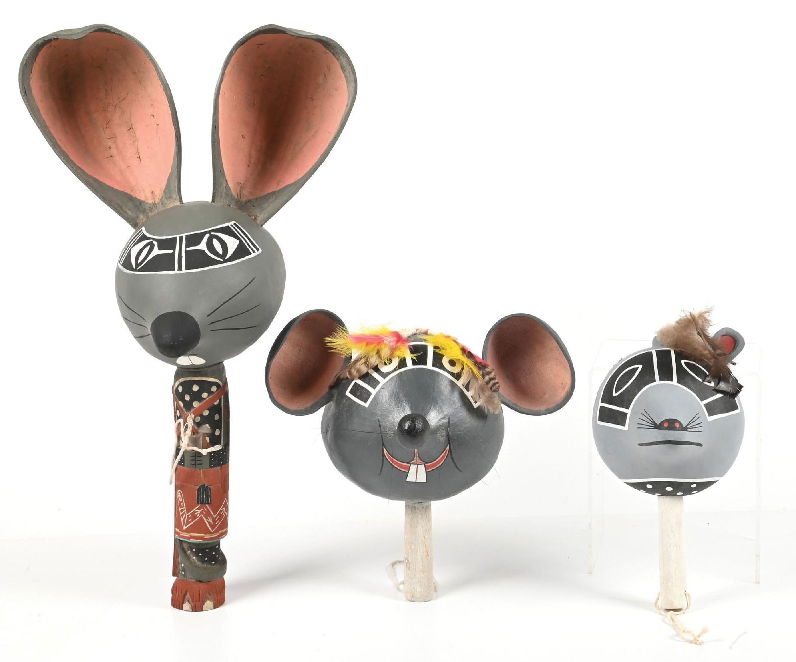 LOT OF 3: HOPI RATTLES, EACH DEPICTING A MOUSE (1 of 3)