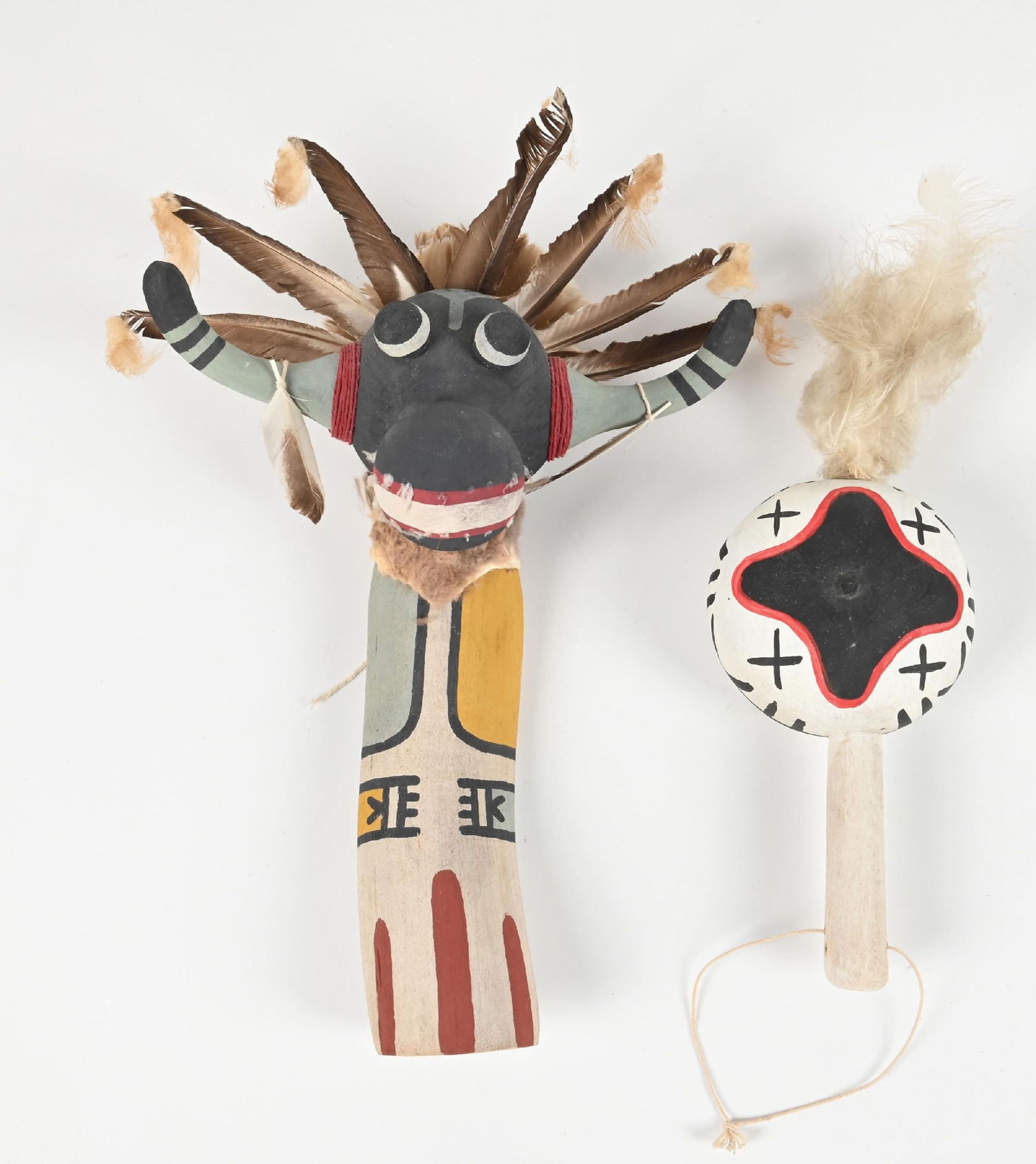 LOT OF 2: HOPI KACHINA (KATSINA) & RATTLE: Contemporary. Each comprised of gourd, cotton, wood root, and feathers. Dimensions: Largest: 18" T.
