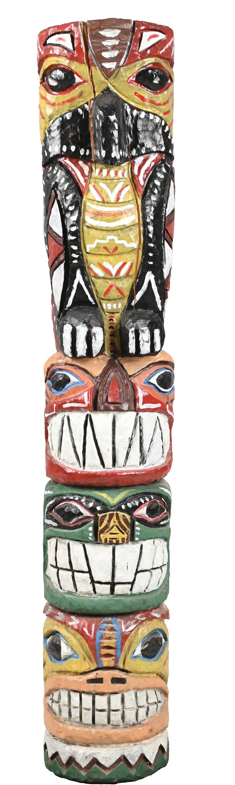 LARGE HAND CARVED AND PAINTED FOLK ART TOTEM POLE (1 of 3)