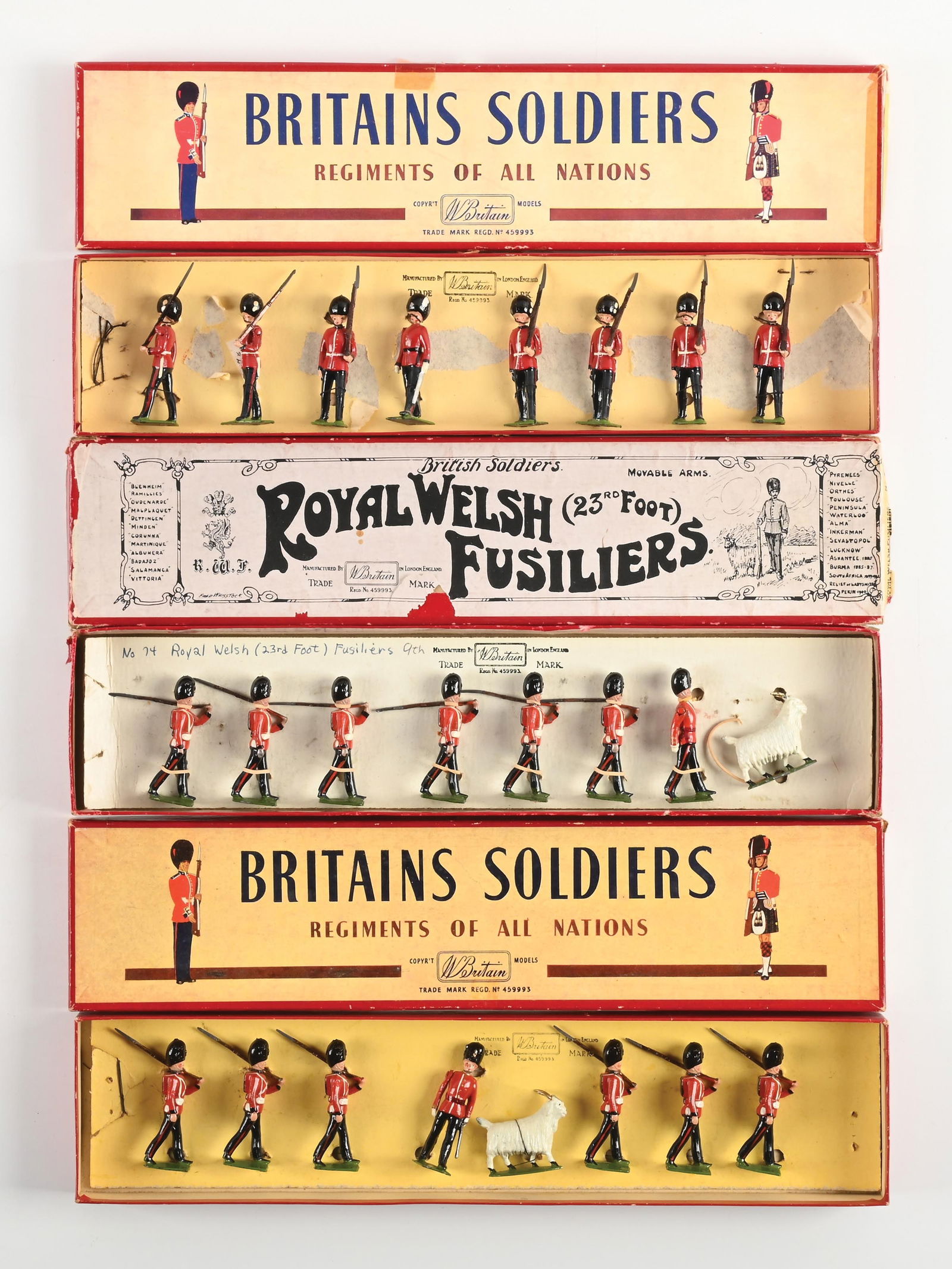 LOT OF 3: W. BRITAINS SET NO. 1514 THE WELSH GUARDS (MARCHING AT SLOPE), (2) SET NO. 74 ROYAL WELSH (1 of 2)
