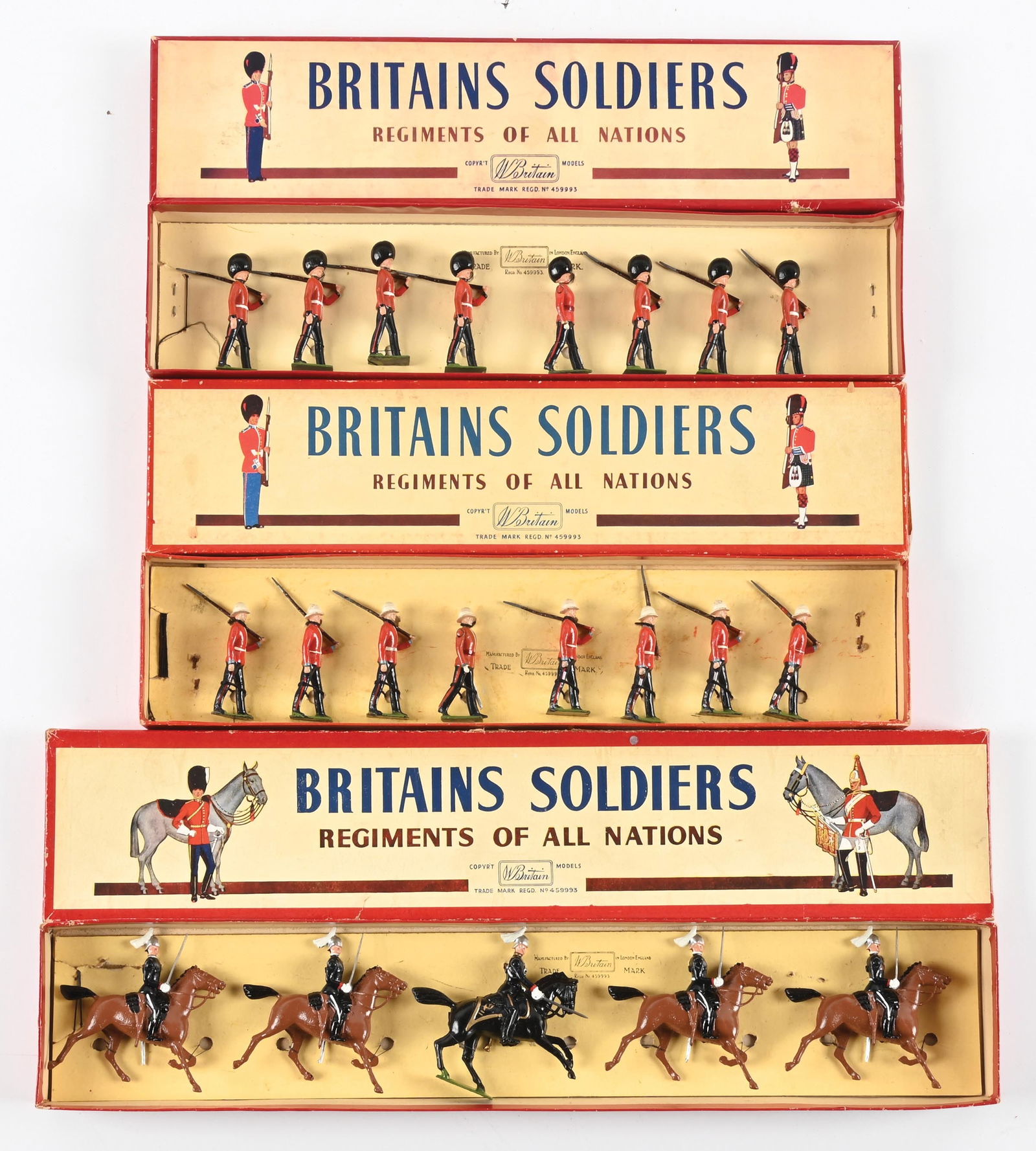 LOT OF 3: W. BRITAIN'S SET NO. 1631 GOVERNOR GENERAL HORSE GUARDS, SET NO. 1634 CANADIAN GOVERNOR: (A) C. 1946-1959. Excellent condition. 5 pieces. (B) C. 1936-1945. Excellent condition. 8 pieces. (C) Post-war. Excellent condition. 8 pieces. 21 pieces total. Dimensions: Largest Box: 18" x 3 - 1/2"