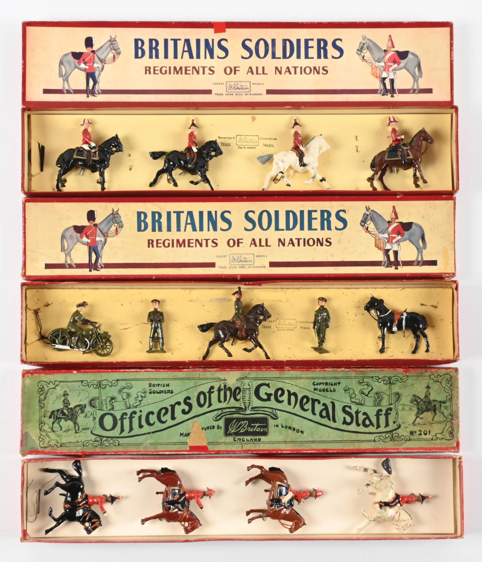 LOT OF 3: W. BRITAIN'S SET NO. 201 GENERAL STAFF OFFICERS, SET NO. 1907 BRITISH ARMY STAFF OFFICERS,: (A) Post-war. One horse nose damaged. Excellent condition. 4 pieces. (B) Post-war. Very good condition. 5 pieces. (C) Pre-war. Excellent condition. Replaced tie card. 4 pieces. 13 pieces total. Dimens