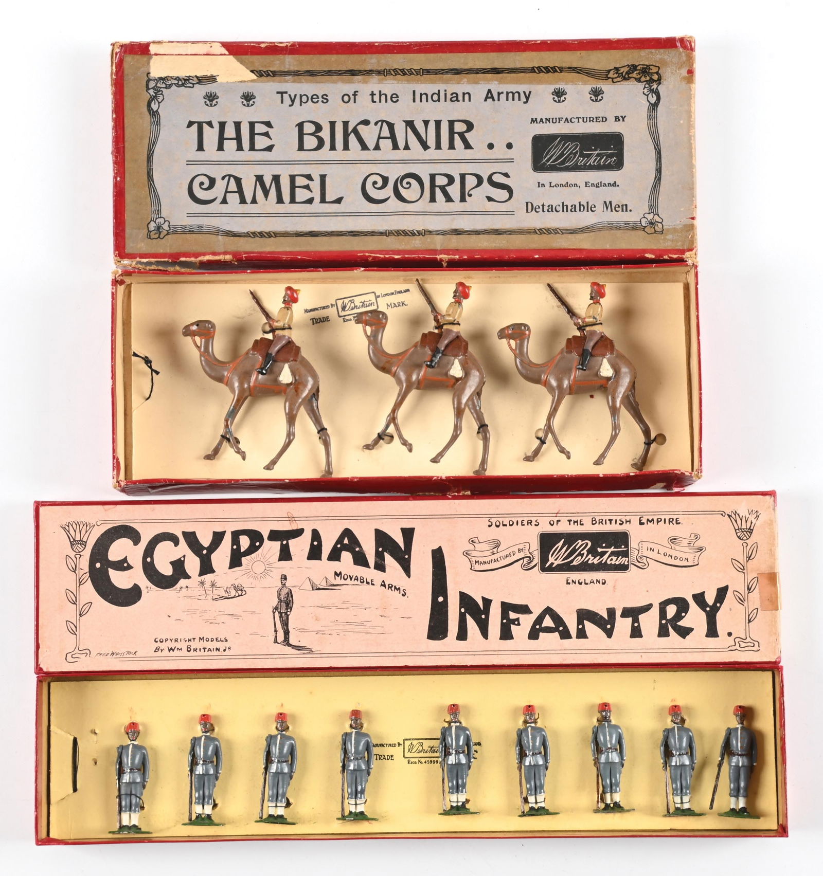 LOT OF 2: W. BRITAIN 'S SET NO. 123 THE BIKANIR CAMEL CORPS & SET NO. 117 EQYPTIAN INFANTRY: (A) C. 1919-1941. Very good figures, poor box. 4 pieces. (B) C. 1948-1949. Excellent condition. 8 pieces. 12 pieces total. Dimensions: Largest Box: 11 - 3/4" x 4 - 1/2" x 1 - 1/2".
