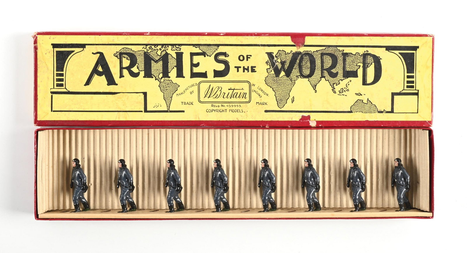 W. BRITAIN PILOTS OF THE GERMAN LUTTWAFFE NO. 1895 SET IN BOX: Original backing and slot card, excellent condition. 8 pieces. Dimensions: Box: 14 - 3/4" x 3 - 1/2" x 1 - 1/4".