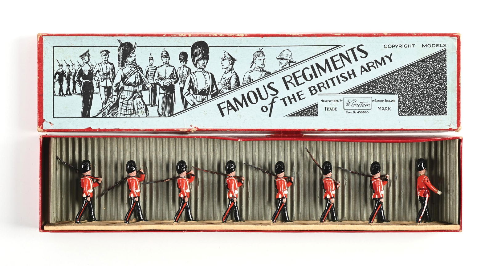W. BRITAIN FAMOUS REGIMENTS OF THE BRITISH ROYAL IRISH FUSILIERS NO. 1581 IN BOX: Pre-war. No mustache. Original slot card, clean box, excellent figures. 8 pieces. Dimensions: Box: 14 - 3/4" x 3 - 1/2" x 1 - 1/4".