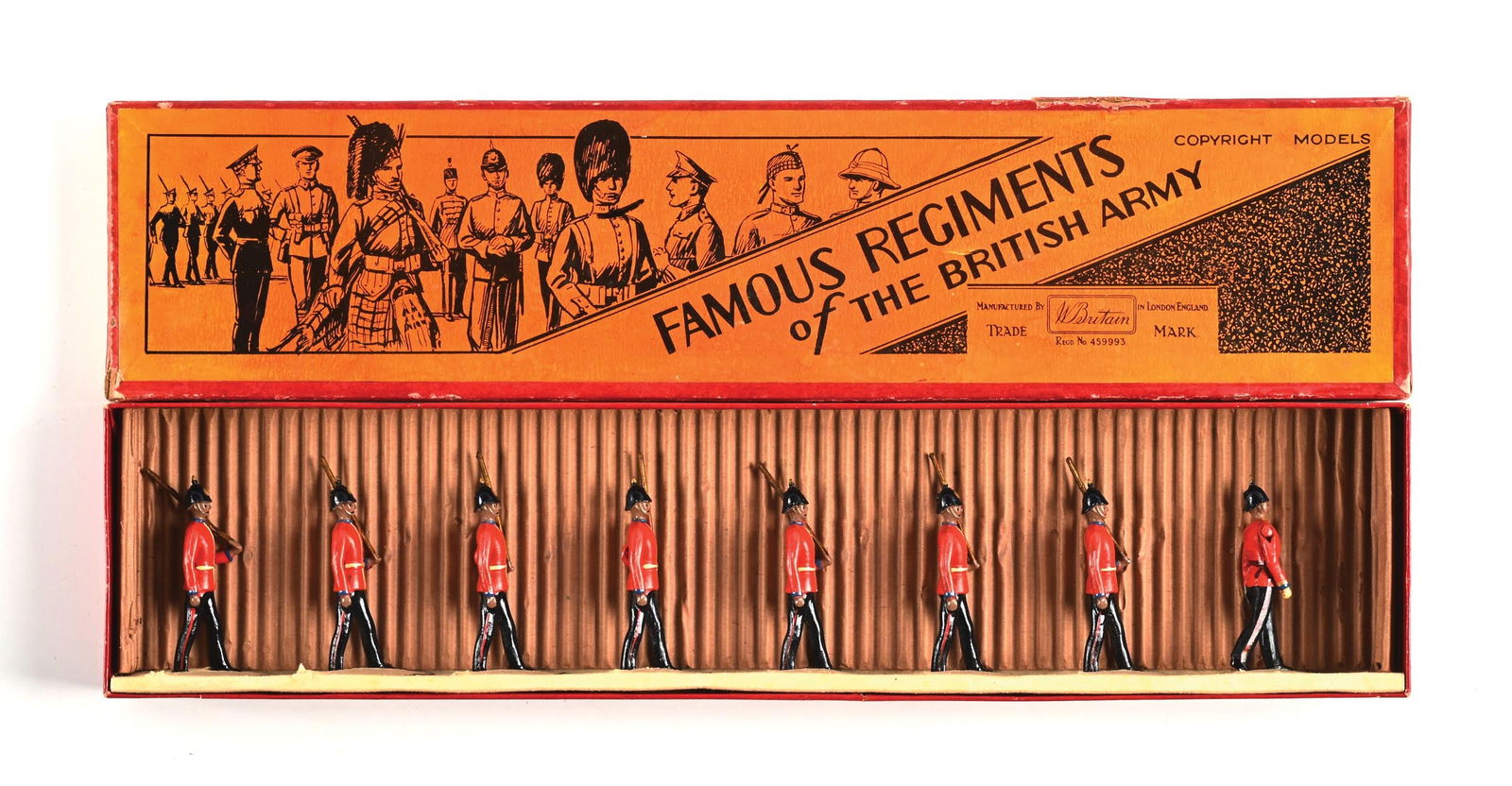 W. BRITAIN FAMOUS REGIMENTS OF THE BRITISH ARMY LEICESTERSHIRE REGIMENT SET NO. 1601 IN BOX: Marching, slope arms. Excellent condition box, figures, and slot card. 8 pieces. Dimensions: Box: 14 - 3/4" x 3 - 1/2" x 1 - 1/4".