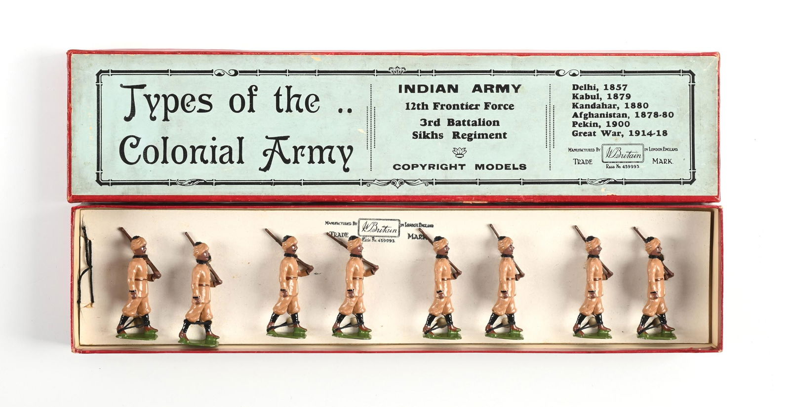 W. BRITAIN TYPES OF COLONIAL ARMY INDIAN ARMY 12TH FRONTIER FORCE 3RD BATTALION SIKHS REGIMENT NO.: Pre-war. Ilynski collection. Re-tied in the box, excellent condition. 8 pieces. Dimensions: Box: 14 - 3/4" x 3 - 1/2" x 1 - 1/4".