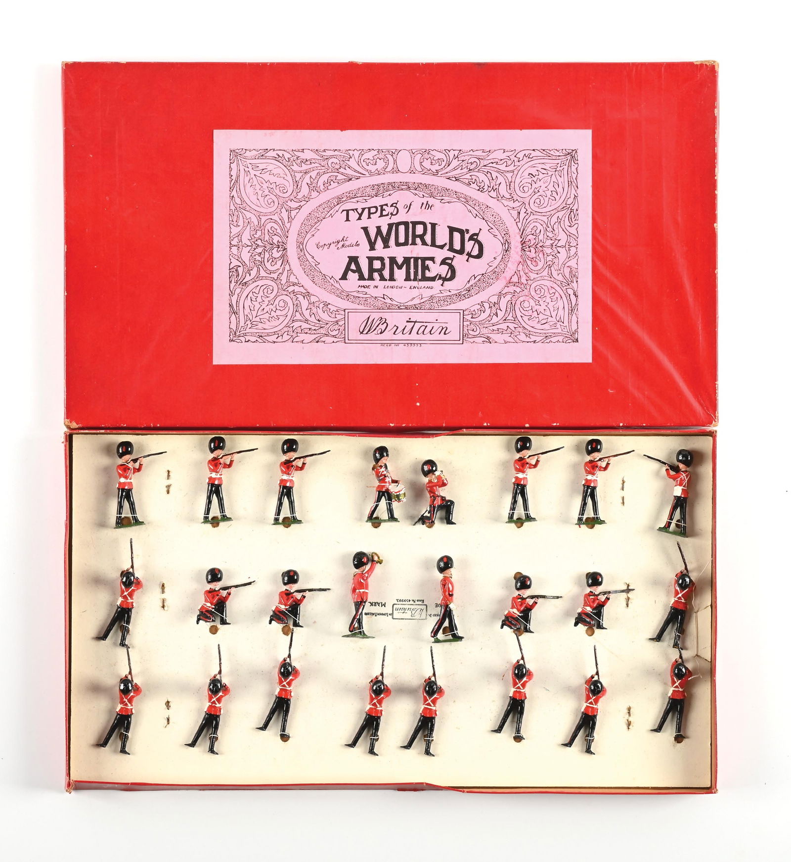 W. BRITAIN TYPES OF THE WORLD ARMIES COLDSTREAM GUARDS SET NO. 90 IN BOX: Post-war version. Three-row, in firing positions. Several bearskins have paint wear, re-tied in box, original tie card, very good to excellent condition. Dimensions: Box: 18" x 10" x 1 - 1/4".