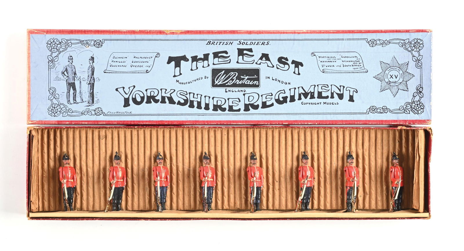 W. BRITAIN THE EAST YORKSHIRE REGIMENT NO. 113 IN BOX: Early pre-war, half-booted, with open slung rifles. Excellent condition. 8 pieces. Dimensions: Box: 14 - 3/4" x 3 - 1/2" x 1 - 1/4".