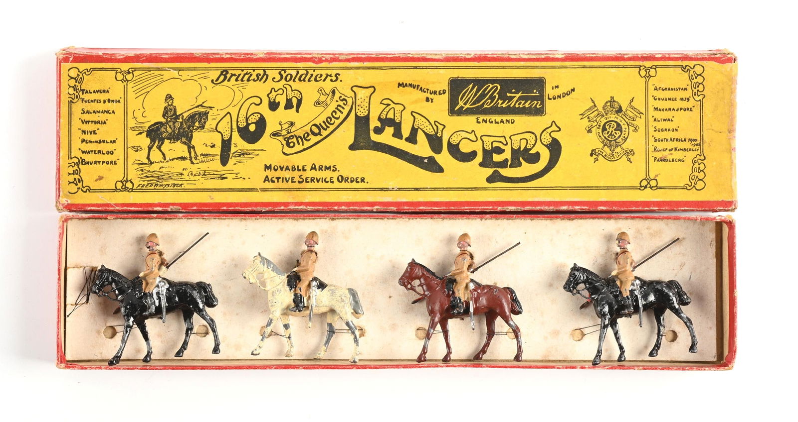 W. BRITAIN THE QUEEN'S 16TH LANCERS SET NO. 12B. IN BOX: Lancers at the walk with bugler. Paint chipping. Re-tied. Original tie card. Nice box. 4 pieces. Dimensions: Box: 12 - 3/4" x 3" x 1".