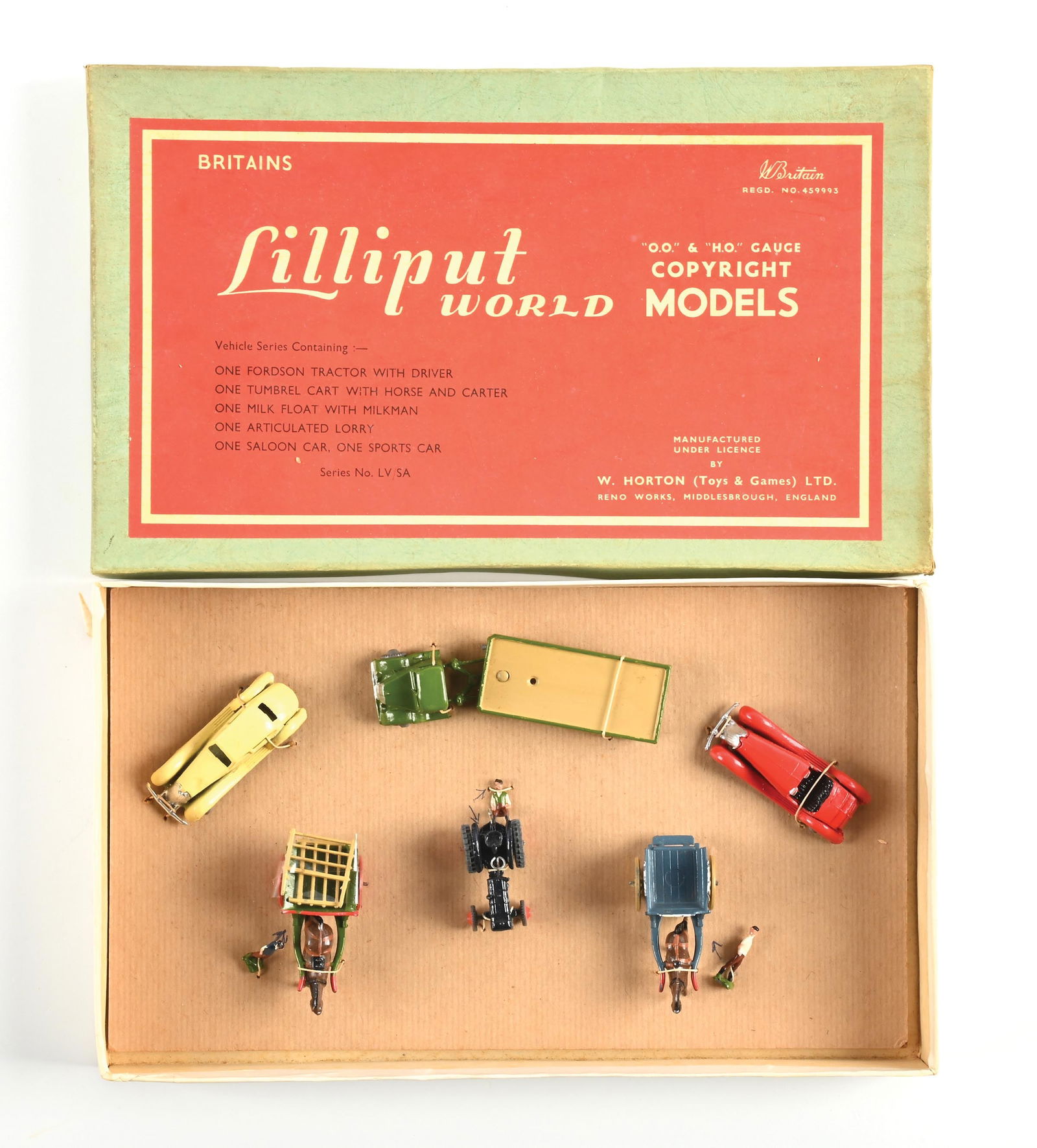 W. BRITAIN LILLIPUT WORLD VEHICLE SERIES NO. LV/SA IN BOX: Contains one Fordson Tractor with Driver, one Tumbrel Cart with Horse and Carter, one Milt Float with Milkman, one Articulated Lorry, one Saloon Car, and one Sports Car. Excellent condition. 9 pieces