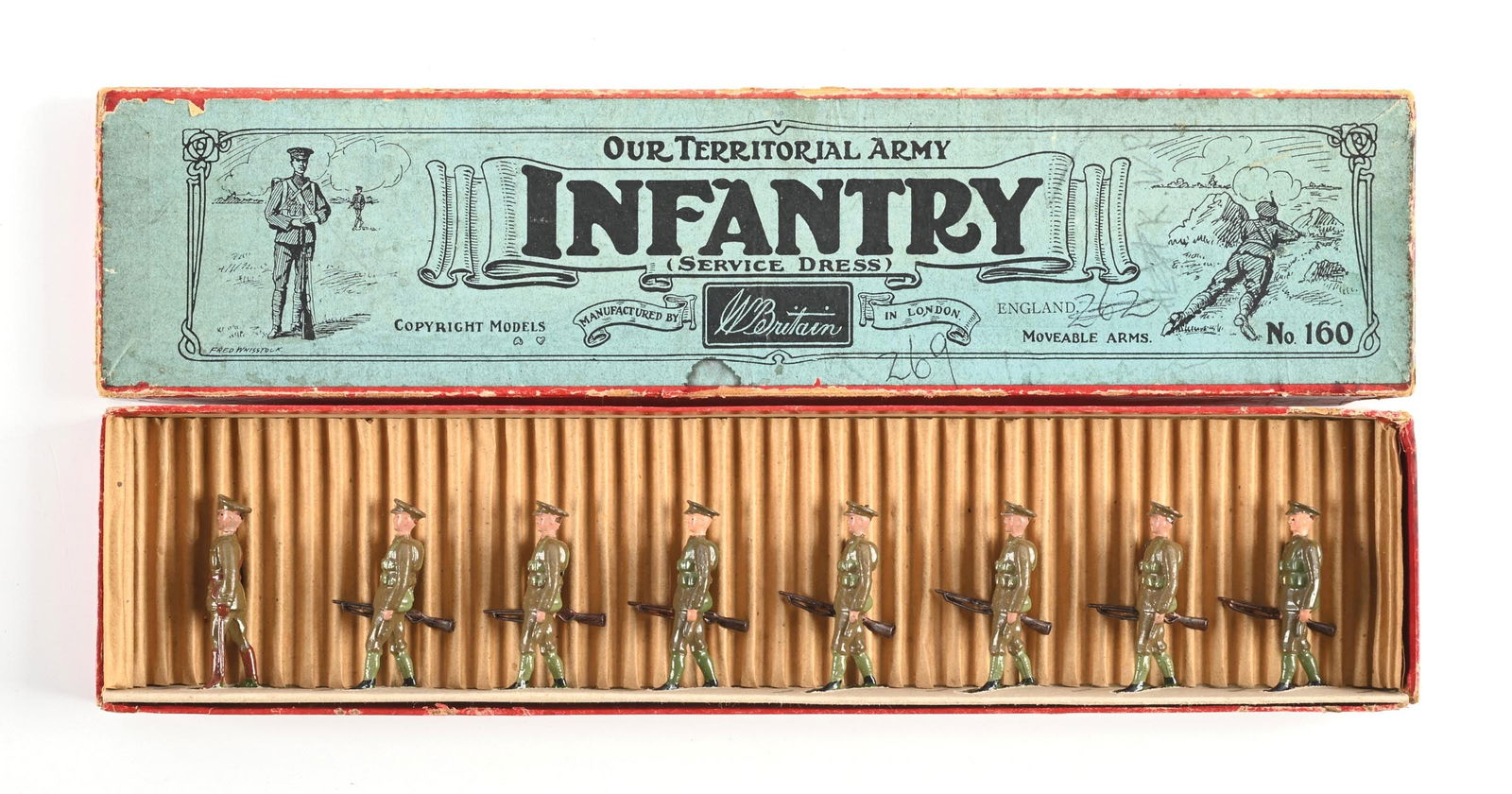 W. BRITAIN OUR TERRITORIAL INFANTRY SERVICE DRESS NO. 160 IN ORIGINAL BOX.: Pre-war. Marching at the trail, with officer. Damage to end label, original slot card and box, with writing on box top. 8 pieces. Dimensions: Box: 14 - 3/ 4" x 3 - 1/2" x 1 - 1/8".