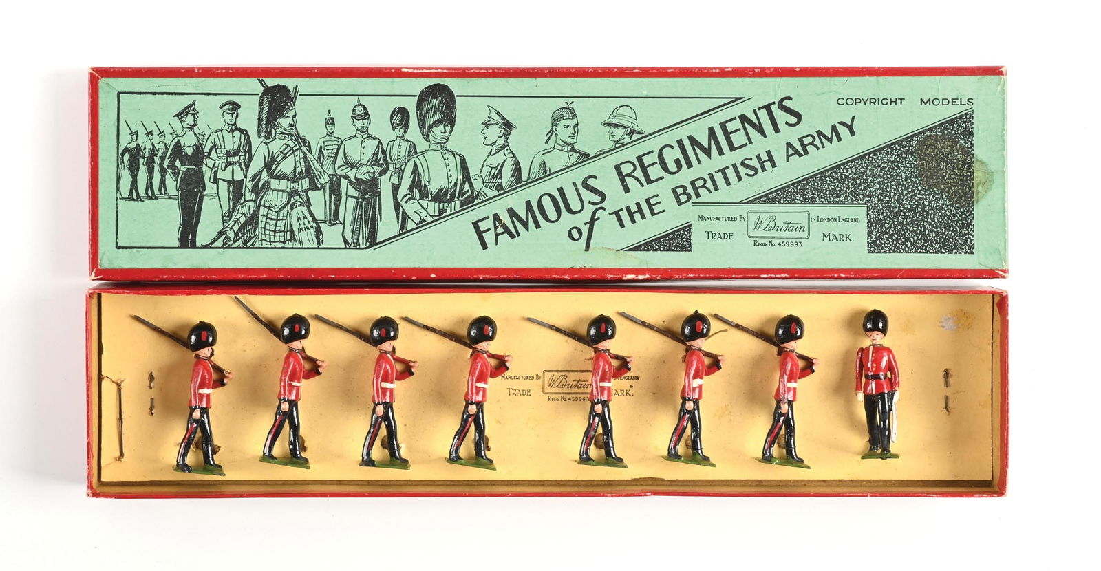 W. BRITAIN FAMOUS REGIMENTS OF THE BRITISH ARMY THE COLDSTREAM GUARDS NO. 1515 IN BOX: Pre-war. No mustache. Very good condition, clean box. 8 pieces. Dimensions: Box: 14 - 3/4" x 3 - 1/2" x 1 - 1/4".