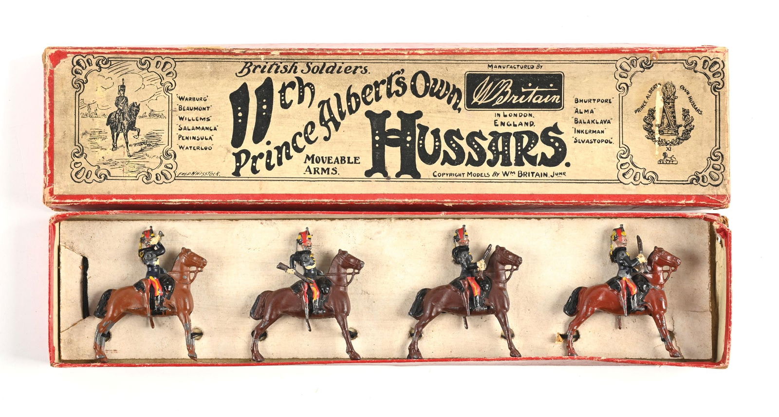 W. BRITAIN PRINCE ALBERT'S OWN 11TH HUSSARS SET NO. 10B IN BOX: Paint wear. 4 pieces. Dimensions: Box: 12 - 3/4" x 3" x 1".