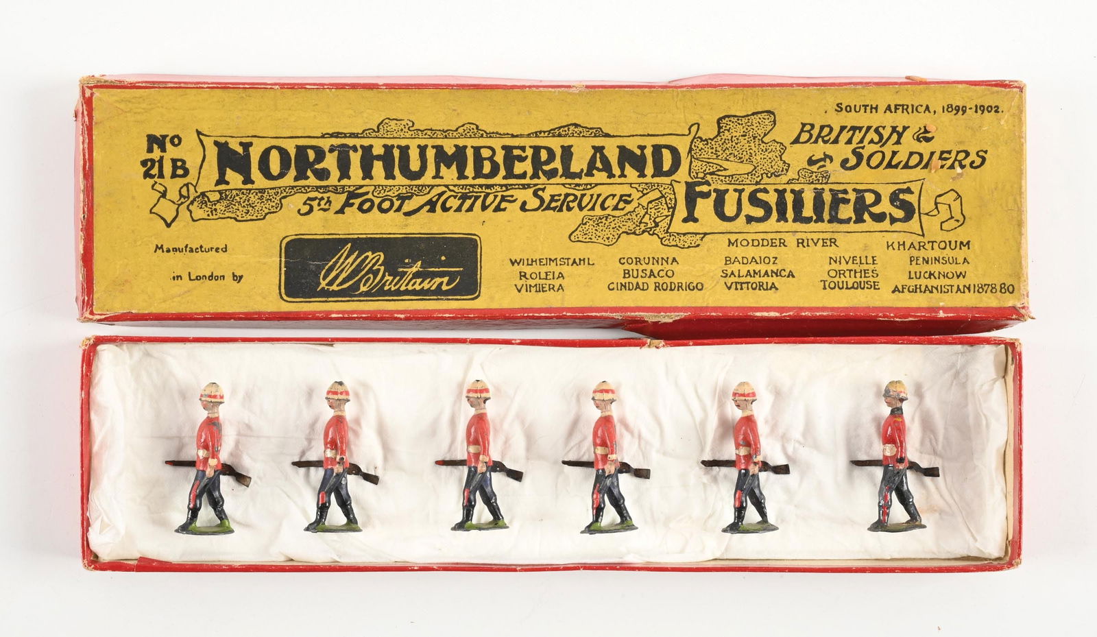 W. BRITAINS NORTHUMBERLAND FUSILIERS 5TH FOOT ACTIVE SERVICE SET NO. 21B IN BOX: Pre-war. B series. Missing an officer. 6 pieces. Dimensions: Box: 10 - 3/4" x 2 - 5/8" x 1".