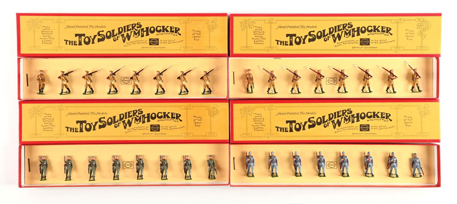 LOT OF 4: WM. HOCKER TYPES OF THE GREAT WAR SETS IN BOXES: (A) Serbian Infantry 1914 No. 473. Tied in box. 8 pieces. (B) Austro-Hungarian Inf. No. 472. Mint in box. 8 pieces. (C) Two sets Russian Infantry 1914 No. 474. One set tied in box, one set loose in