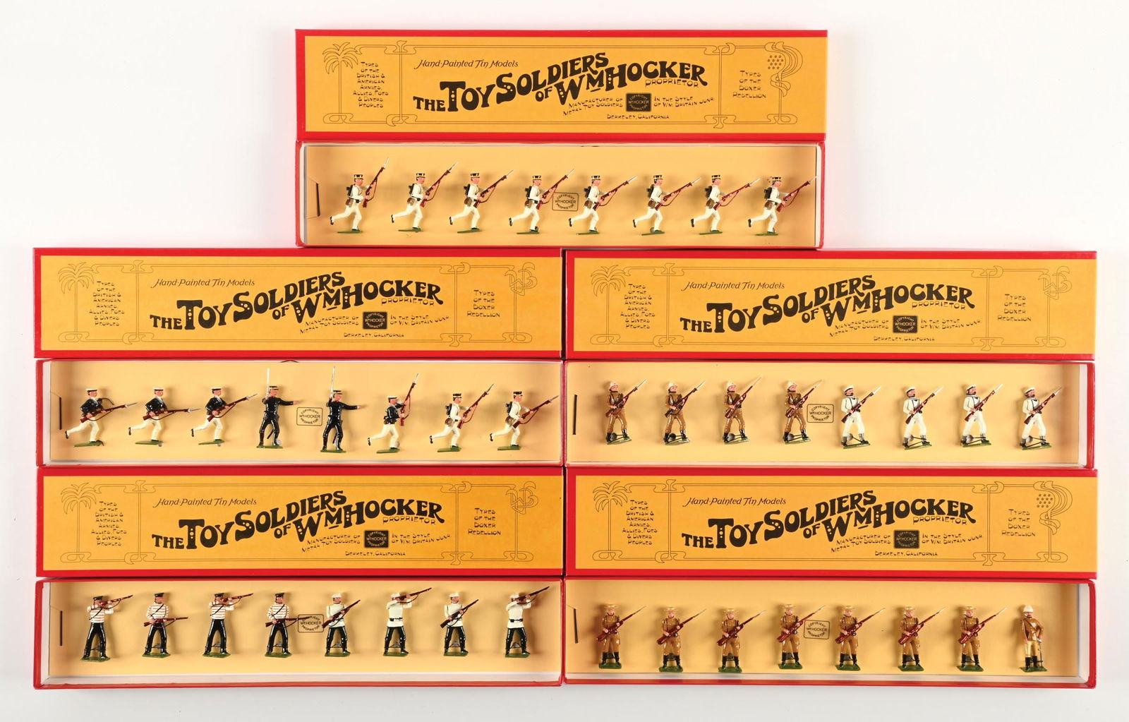 LOT OF 5: WM. HOCKER TYPES OF THE BOXER REBELLION: (A) No. 450 Japanese Infantry & Marines. Loose in box. (B) No. 450/2 Japanese Infantry & Marines. Loose in box. (C) No. 455/6 HM 1st Chinese Regiment. Tied in box. (D) No. 451/9 Russian Infantry & Nav