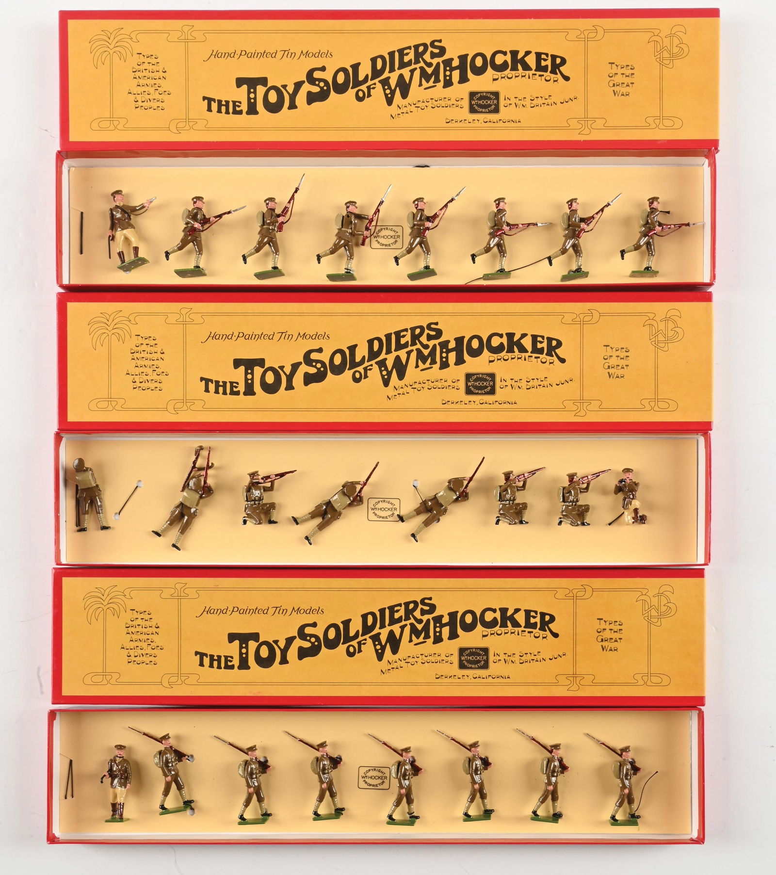 LOT OF 3: WM. HOCKER TYPES OF THE GREAT WAR SETS IN BOX: (A) BEF Inf. Advancing 1914 No. 486. Tied in box. 8 pieces. (A) BEF Inf. Firing 1914 No. 485. Loose in box. 8 pieces. (A) BEF Inf. March 1914 No. 484. Tied in box. 8 pieces. 24 pieces total.