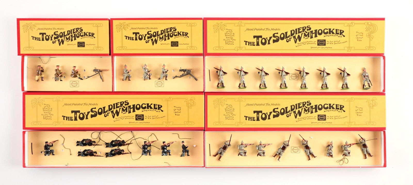 LOT OF 5: WILLIAM HOCKER TYPES OF THE GREAT WAR: (A) No. 487/5 BEF Maxim Gun 1914. Loose in box. 4 pieces. (B) No. 479/10 German Maxim Gun 1914. Loose in box. 4 pieces. (C) No. 477/8 German Inf. Firing 1914. Loose in box. 8 pieces. (D) No. 489/8 Bel