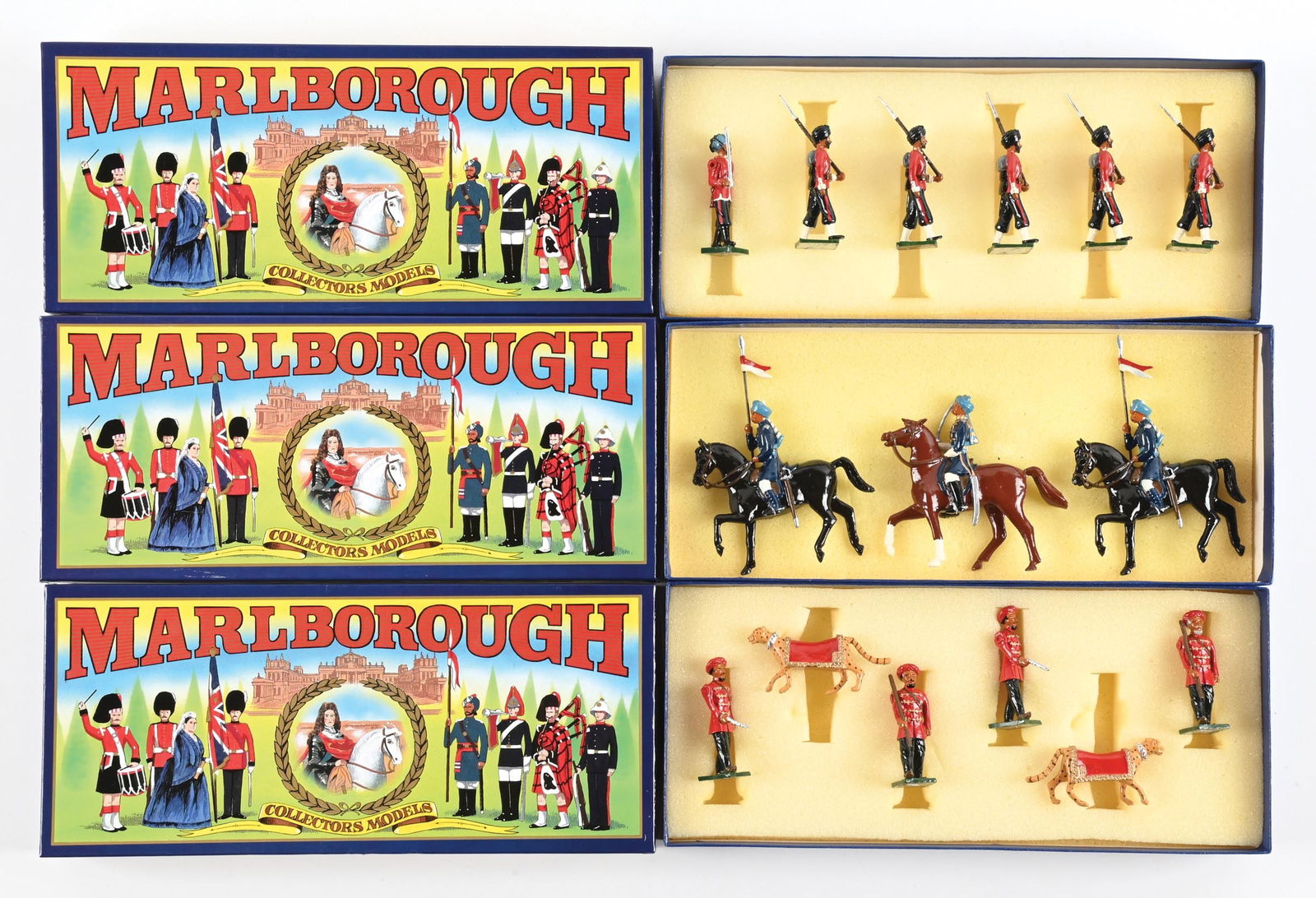 LOT OF 3: MARLBOROUGH SETS IN BOXES: (A) Nizam's Hunting Cheetahs No. D9. 6 pieces. (B) Delhi Durbar 12th Bengal Native Infantry 1878 No. D29. 6 pieces. (C) The 17th Bengal Lancers No. D22. 3 pieces. 15 pieces total. Dimensions: Each Box