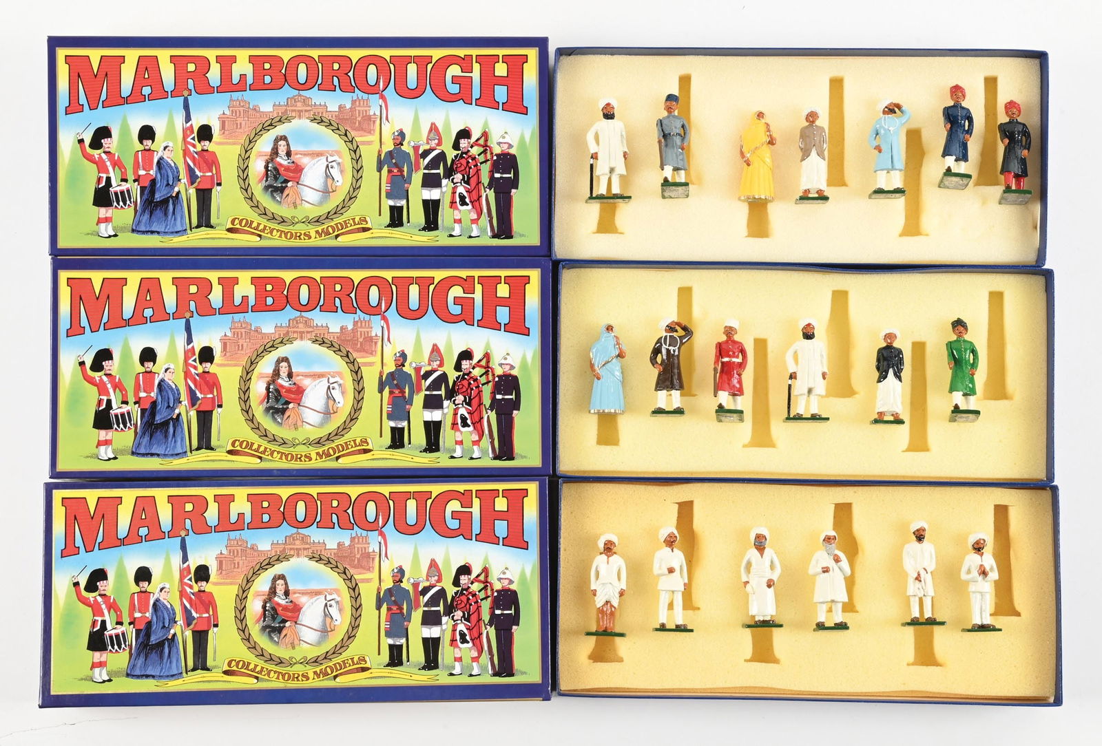LOT OF 3: MARLBOROUGH DELHI DURBAR SETS IN BOXES: (A) Indian Civilians No. D6. 7 pieces. (B) Indian Civilians No. D6A. 6 pieces. (C) Indian Civilians No. D40. 6 pieces. 19 pieces total. Dimensions: Each Box: 11 - 1/4" x 5" x 2".