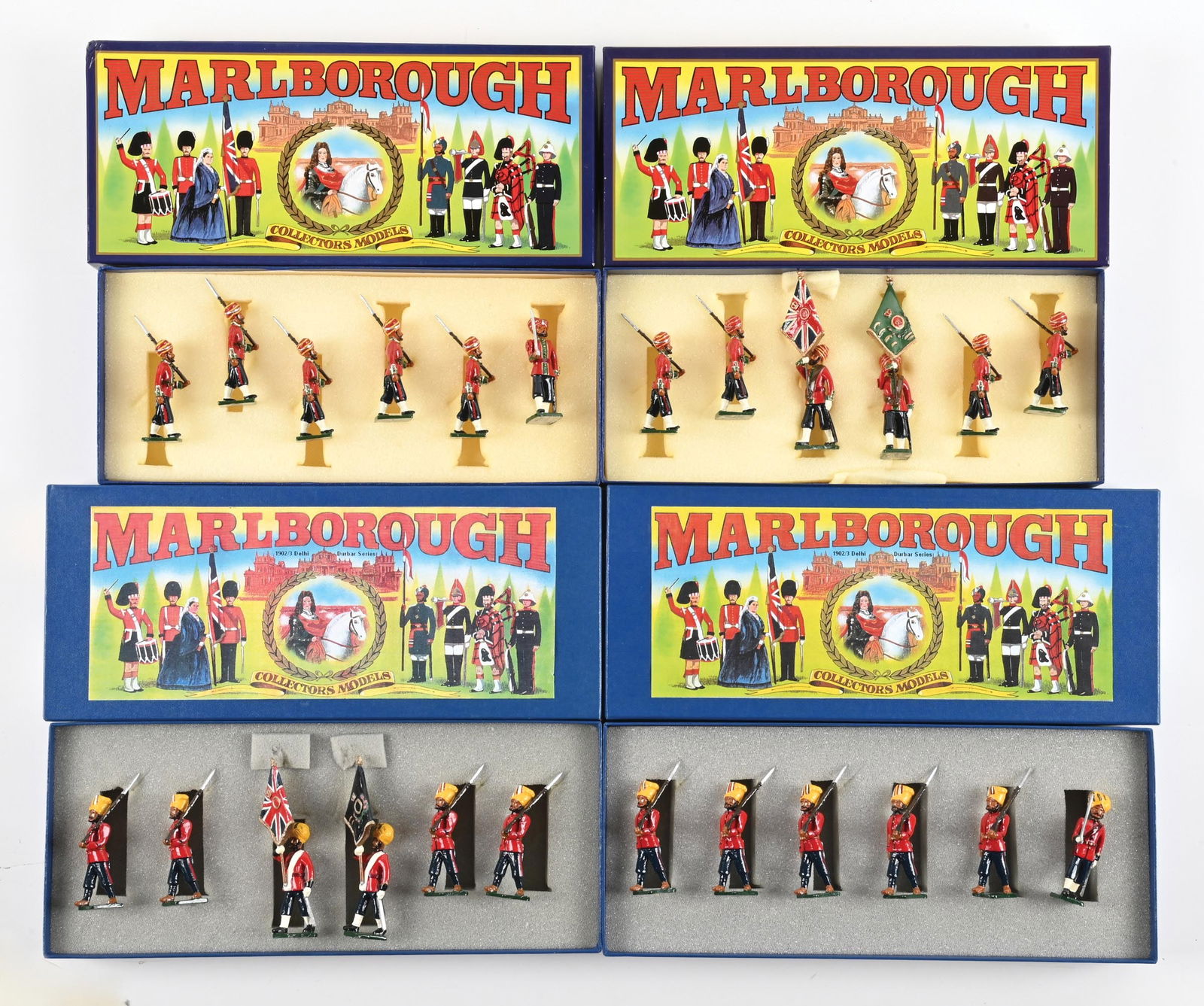 LOT OF 4: MARLBOROUGH SETS IN BOXES: (A) Delhi Durbar 15th Ludhiana Sikhs No. D12. 6 pieces. (B) Delhi Durbar 15th Ludhiana Sikhs Colour Party No. D13. 6 pieces. (C) 3rd Brahmans Infantry at the Slope No. D166. 6 pieces. (D) 3rd Brahmans