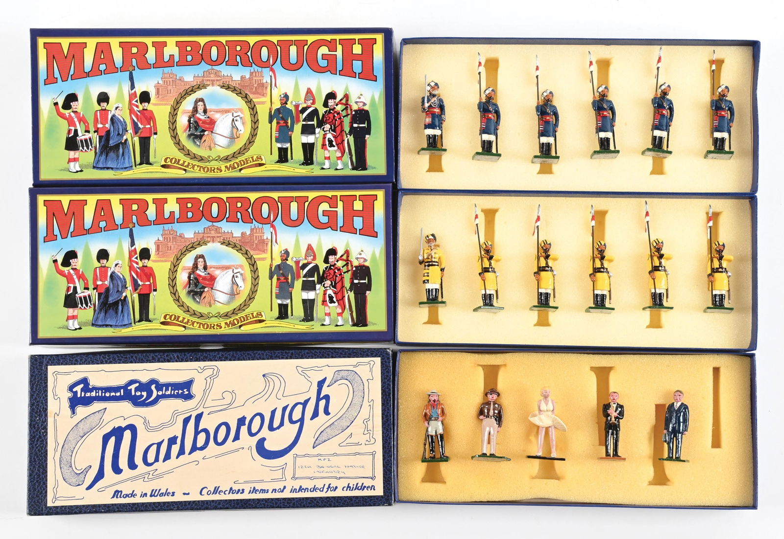 LOT OF 3: MARLBOROUGH SETS IN BOXES: (A) Delhi Durbar 15th Bengal Lancers 1900 No. D30. 6 pieces. (B) 1st Skinner's Horse 1900 No. D31. 6 pieces. (C) Famous Americans set, including Bill Cody, Highway Patrol, Marilyn Monroe, Trumpet Play